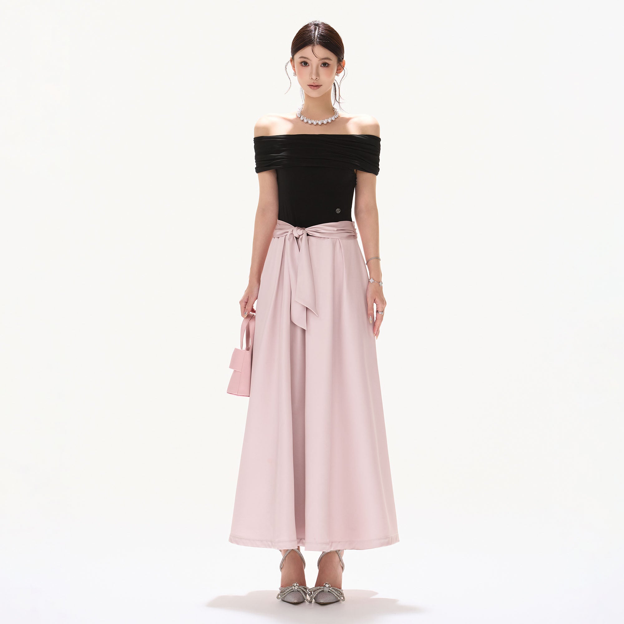 CYNR Off-Shoulder Bow-Waist Satin Maxi Dress