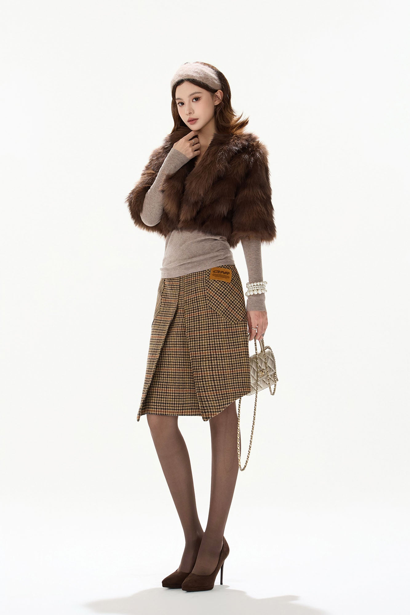 CYGNENOYR Houndstooth Pleated Asym Hem Wool-Blend Skirt