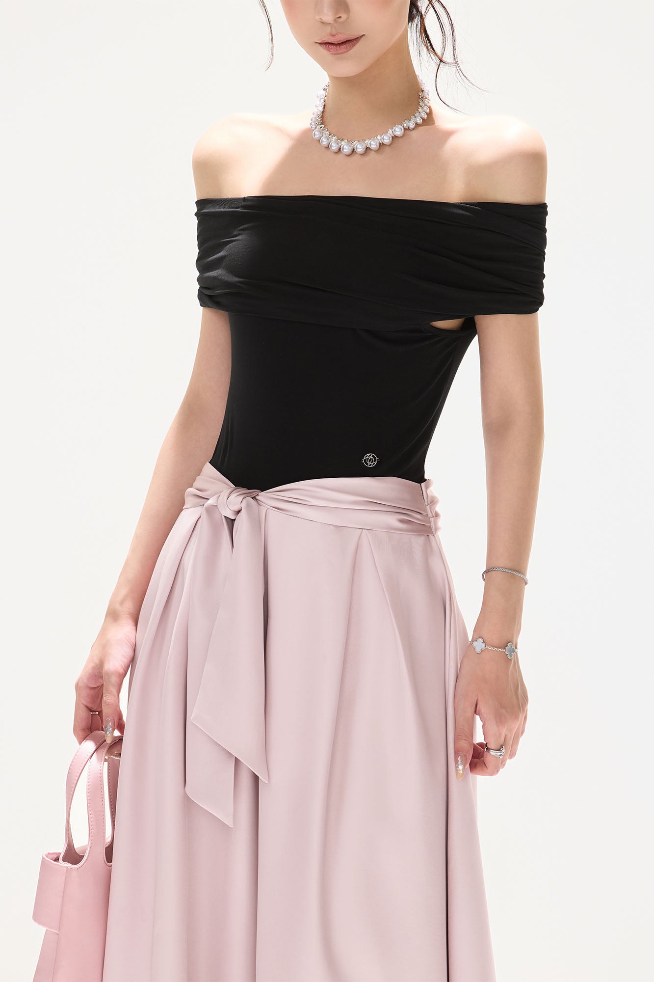CYNR Off-Shoulder Bow-Waist Satin Maxi Dress