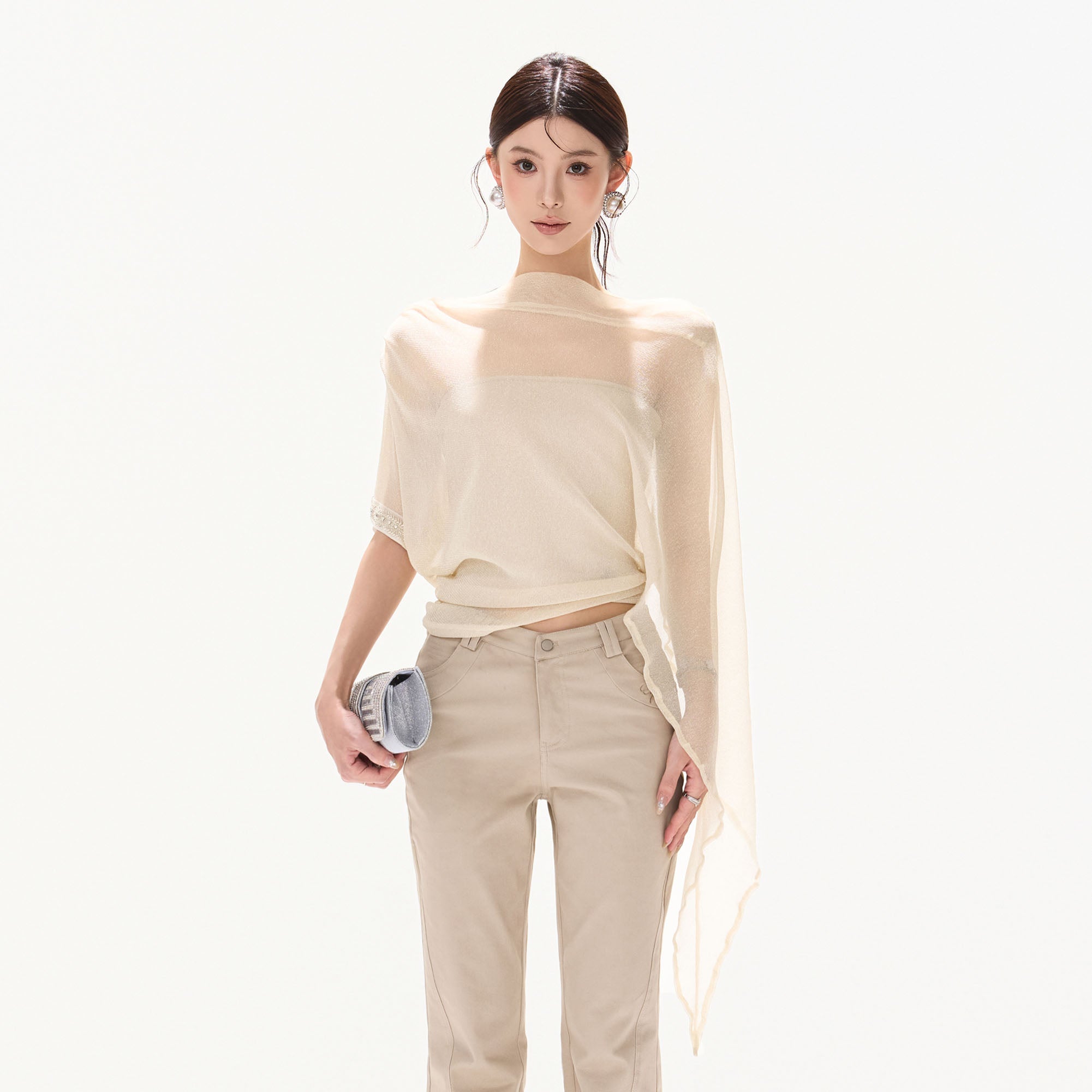 CYNR Asymmetrical Sheer Cape-Sleeve Top