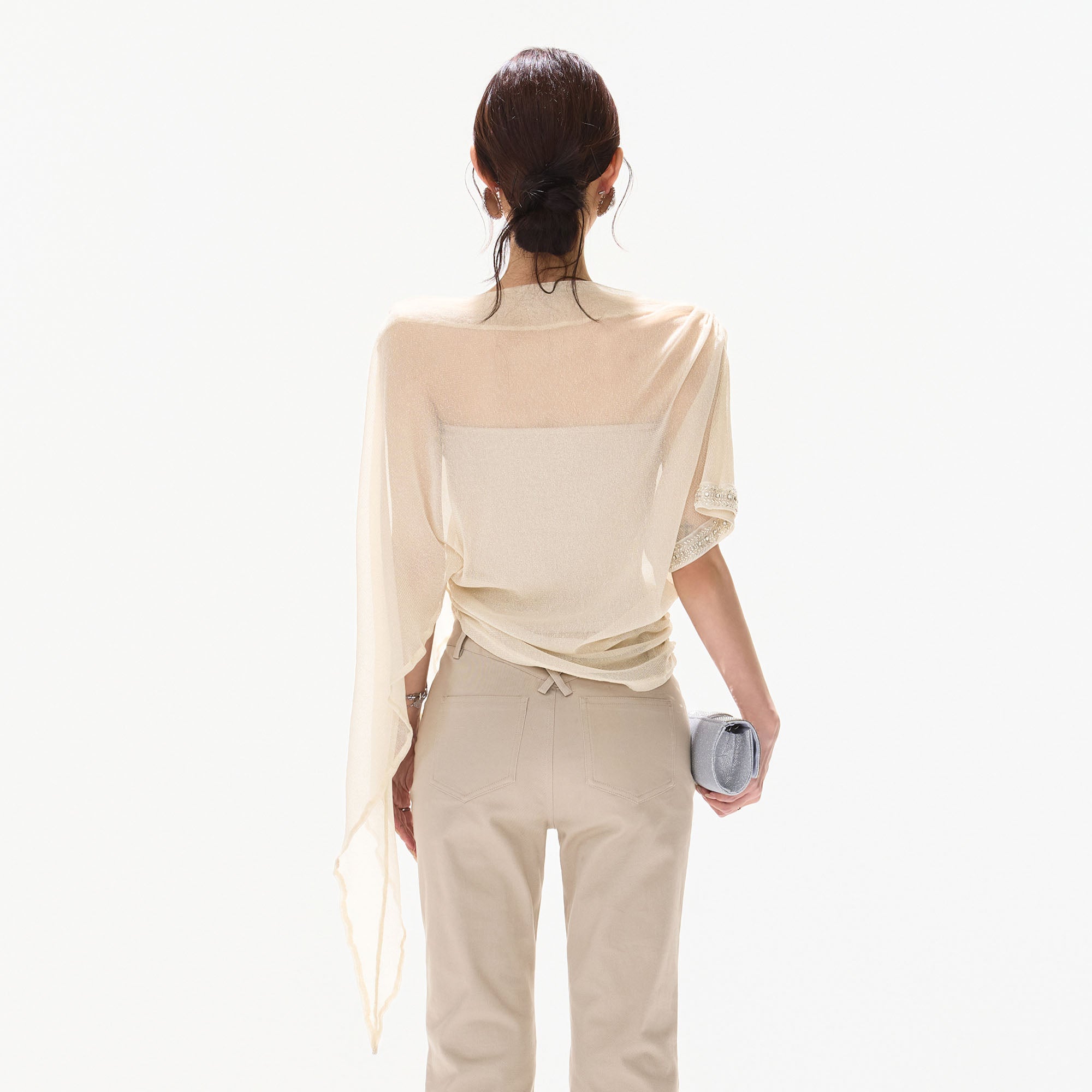 CYNR Asymmetrical Sheer Cape-Sleeve Top
