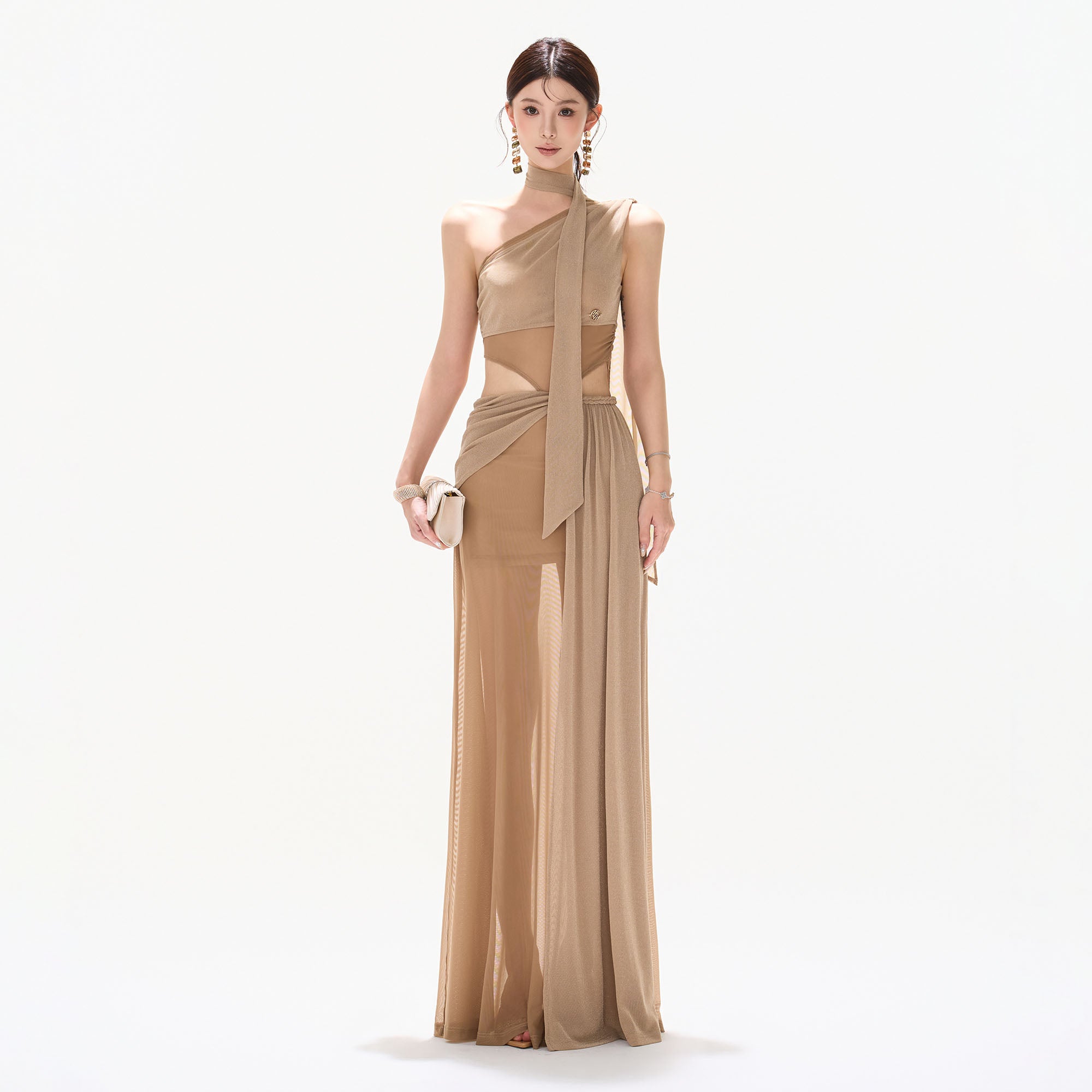 CYNR Asymmetrical Scarf-Tie Sheer Maxi Dress