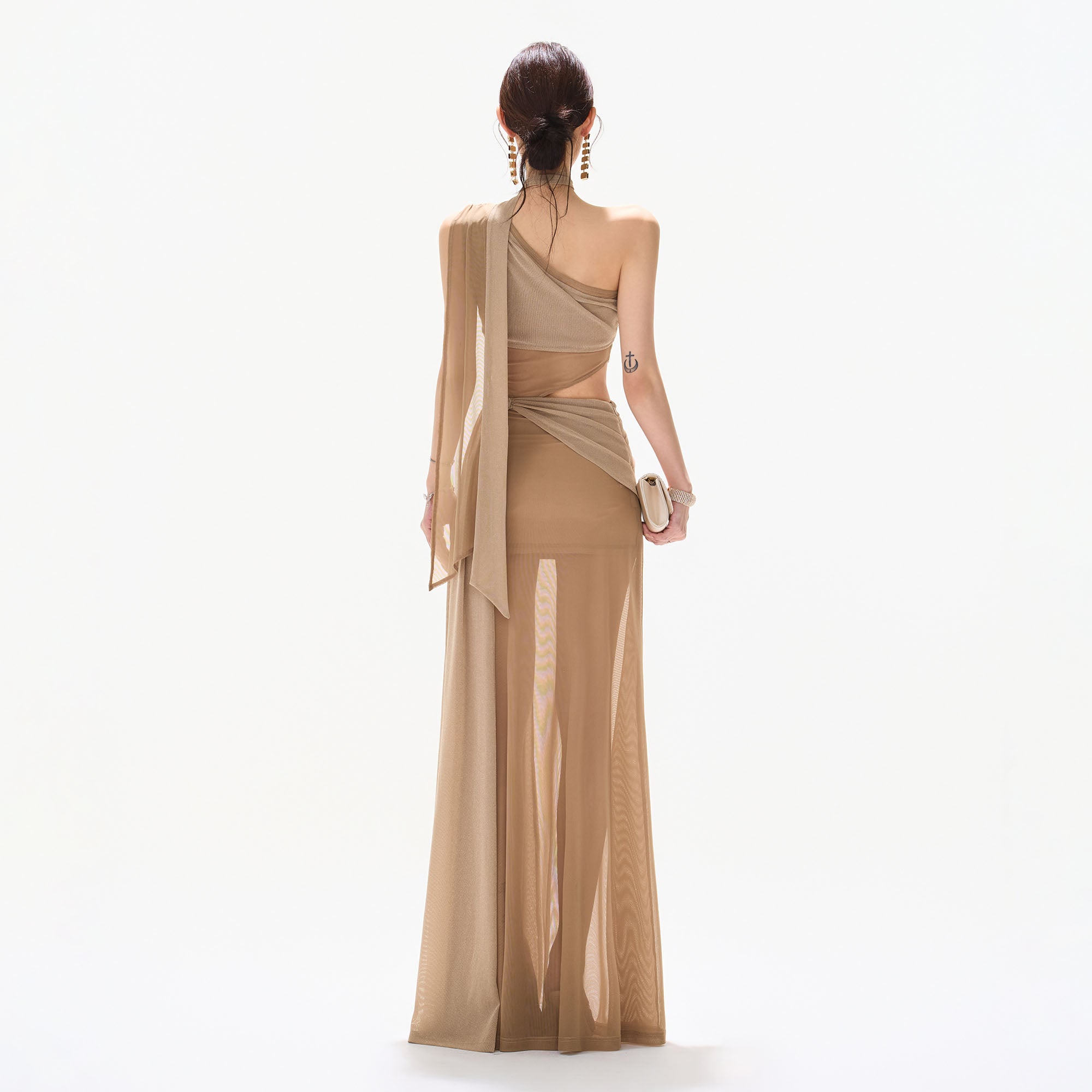 CYNR Asymmetrical Scarf-Tie Sheer Maxi Dress