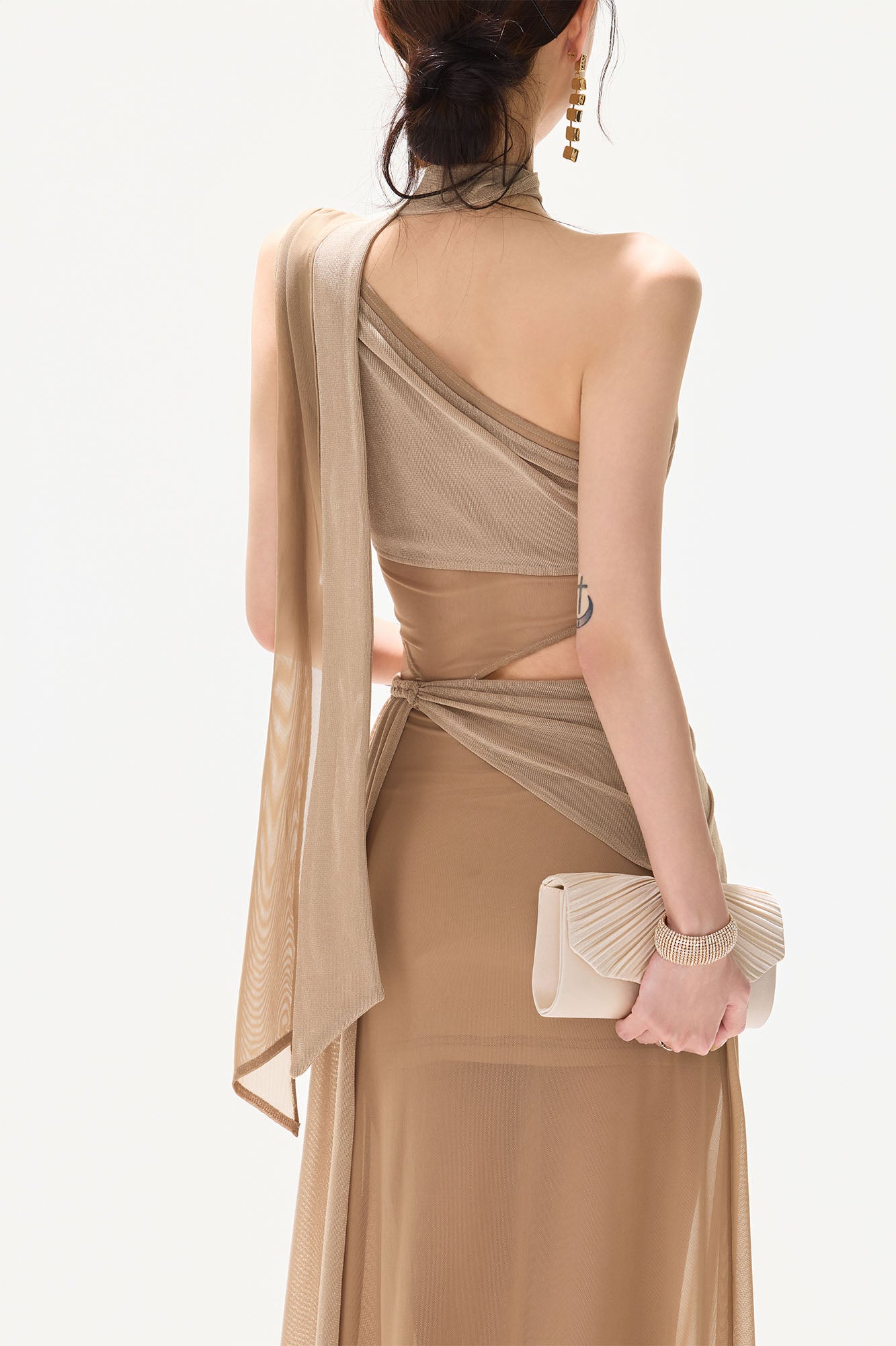 CYNR Asymmetrical Scarf-Tie Sheer Maxi Dress