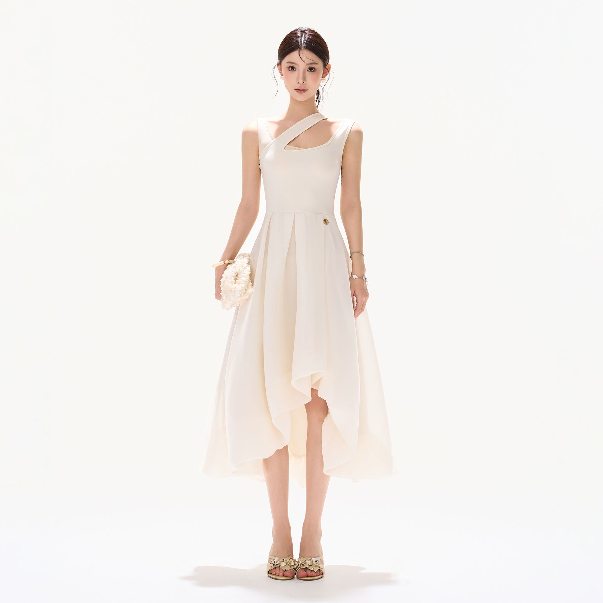 CYNR Cut-Out Neckline Asymmetrical Chiffon Midi Dress