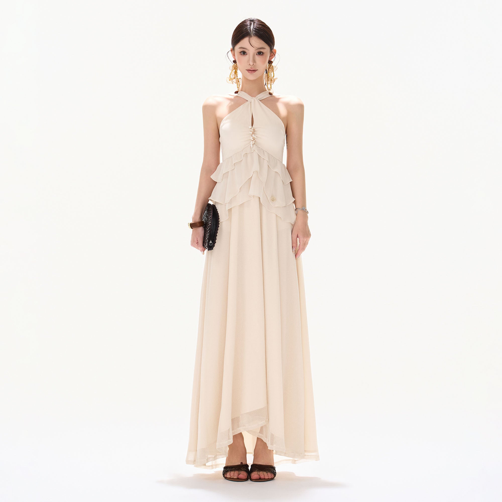 CYNR Tiered Halter Maxi Dress White