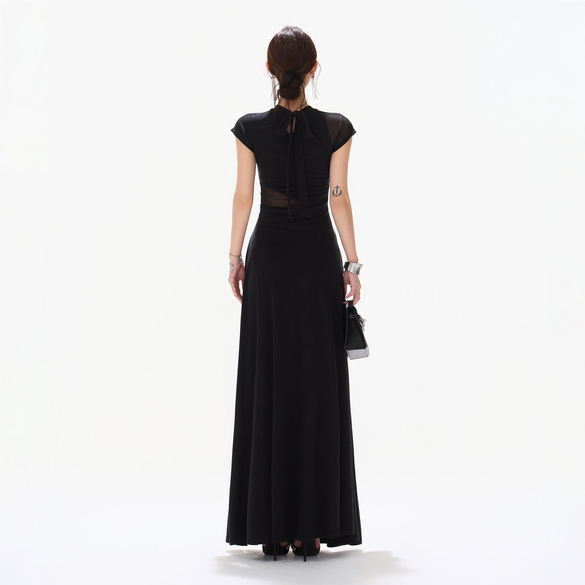 CYNR Twisted Waist Sheer Cap-Sleeve Maxi Dress