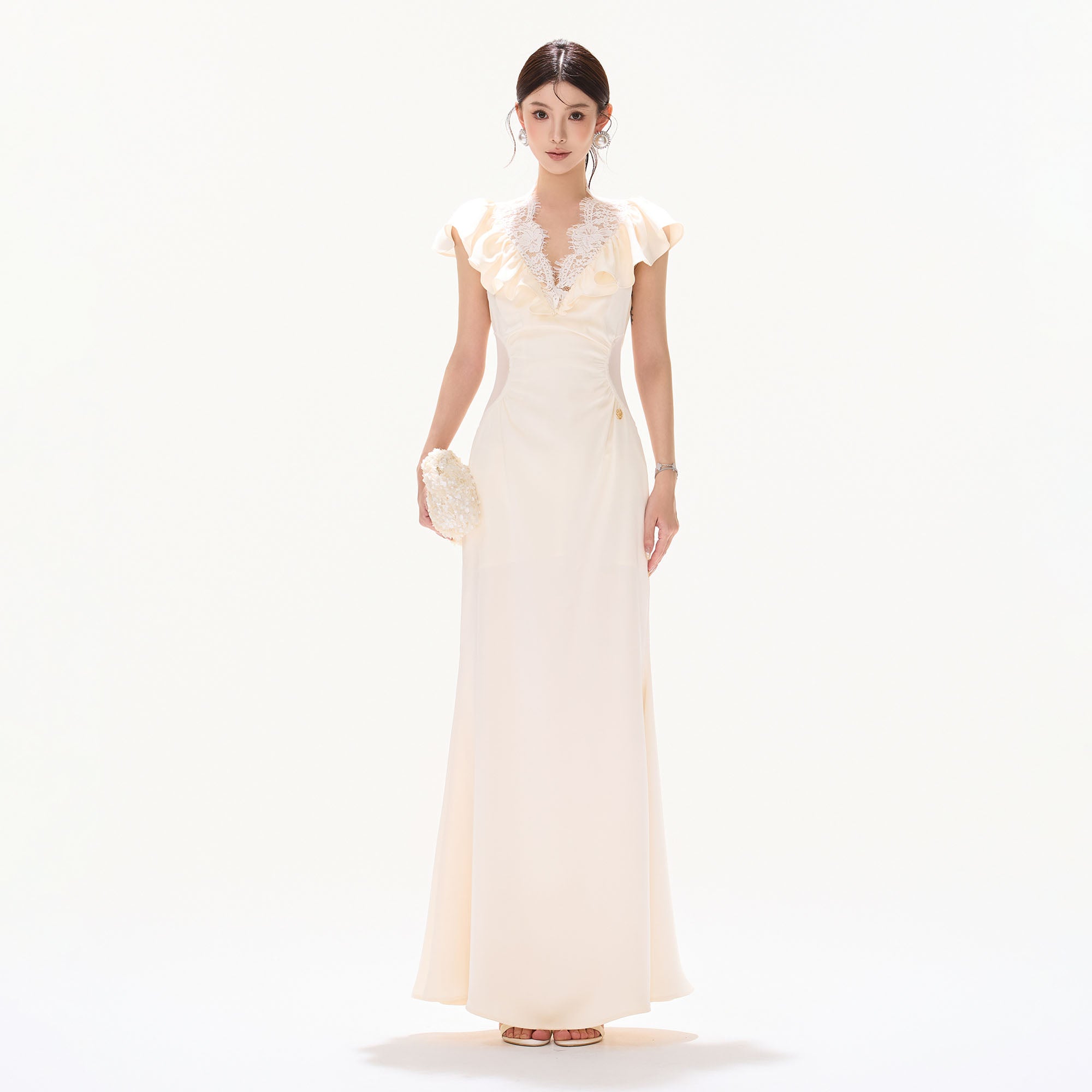 CYNR Ruched Lace V-Neck Cut-Out Waist Dress
