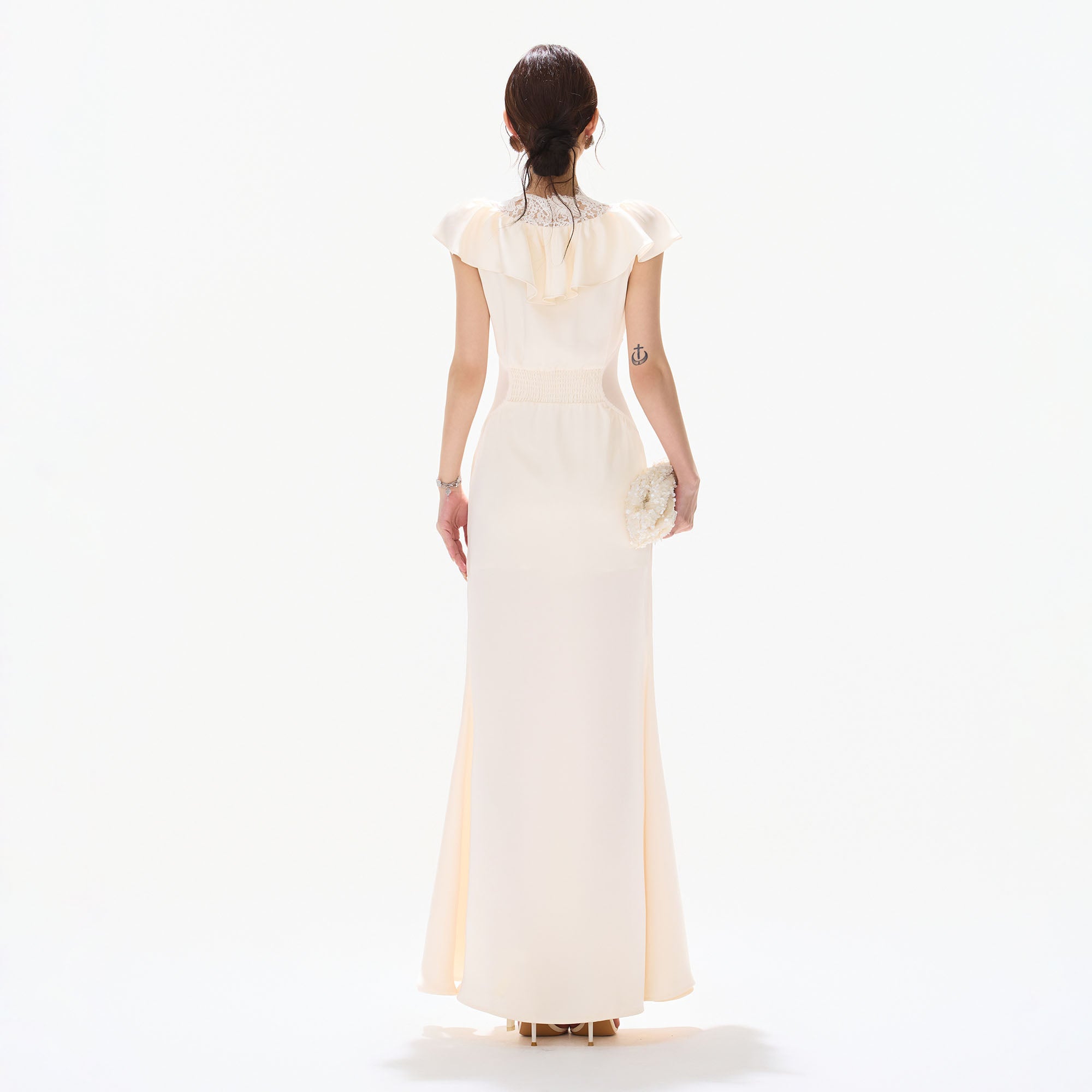 CYNR Ruched Lace V-Neck Cut-Out Waist Dress