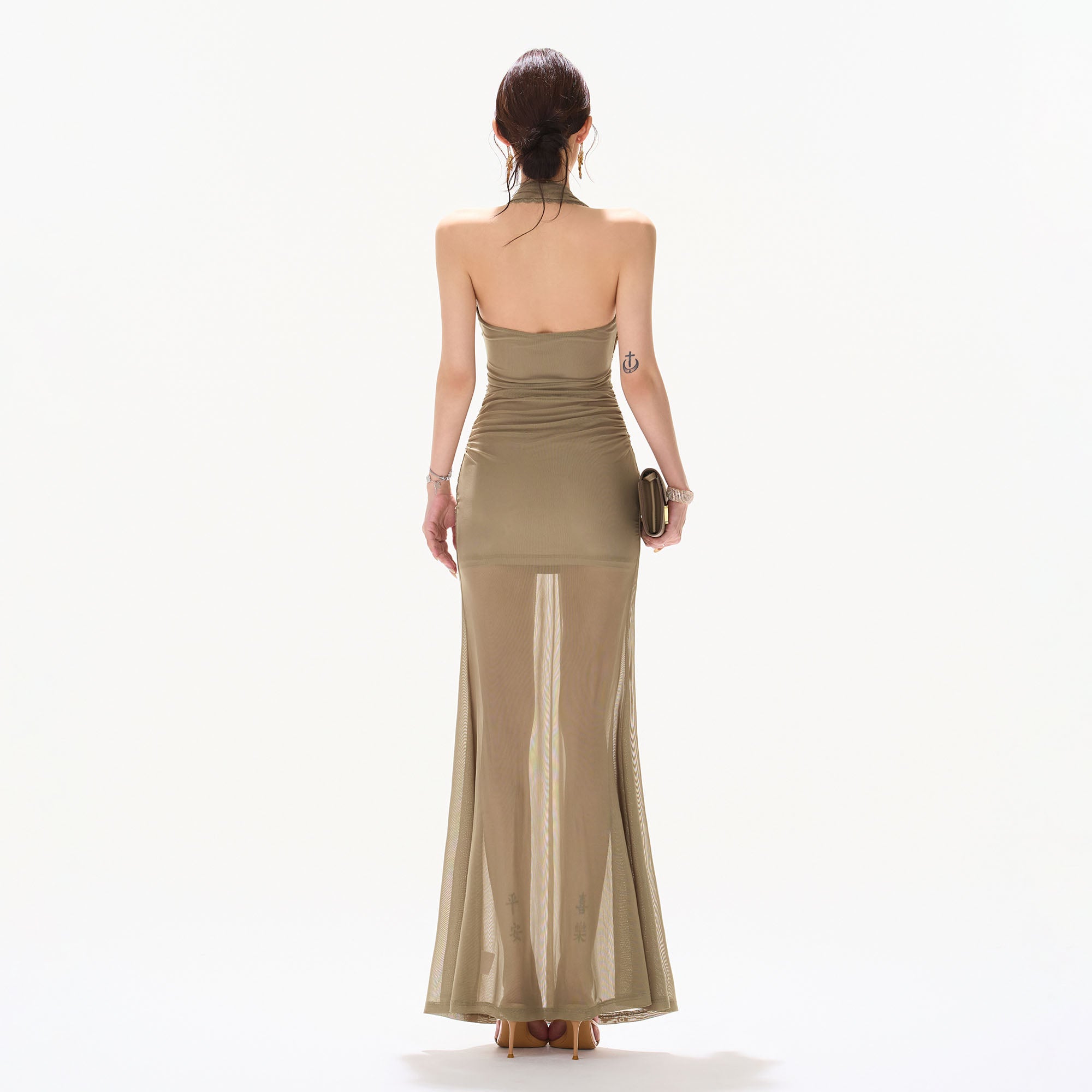 CYNR Draped Sheer Halter Maxi Dress