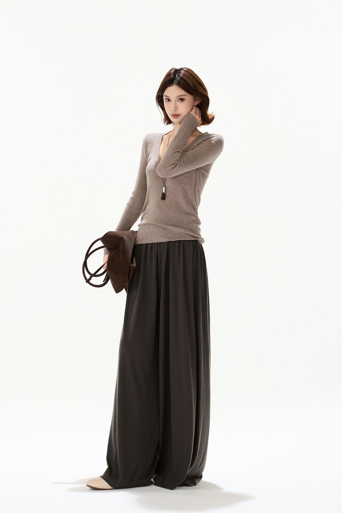 CYGNENOYR Ribbed High-Waist Wide-Leg Drape Pants