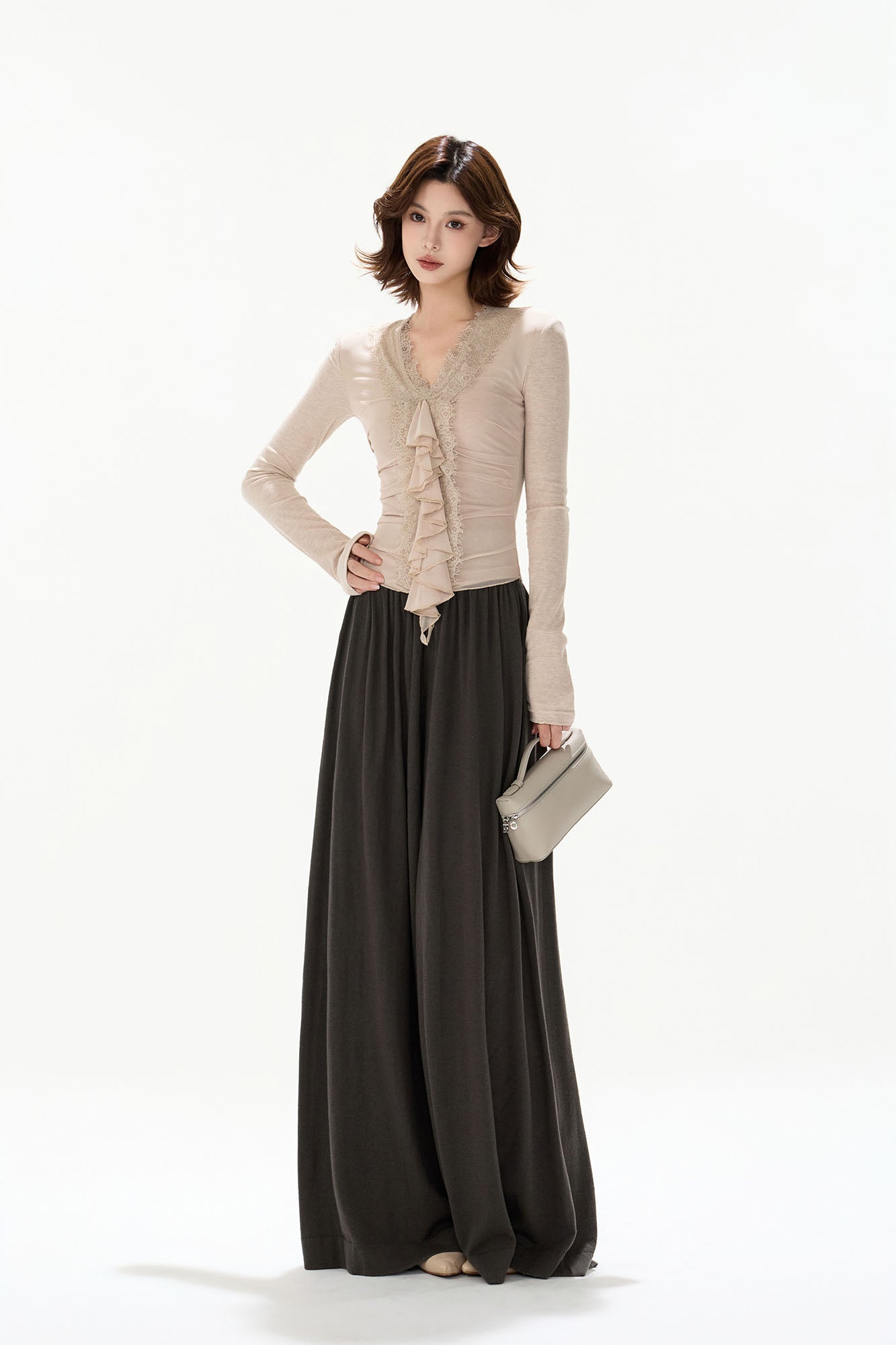 CYGNENOYR Ribbed High-Waist Wide-Leg Drape Pants