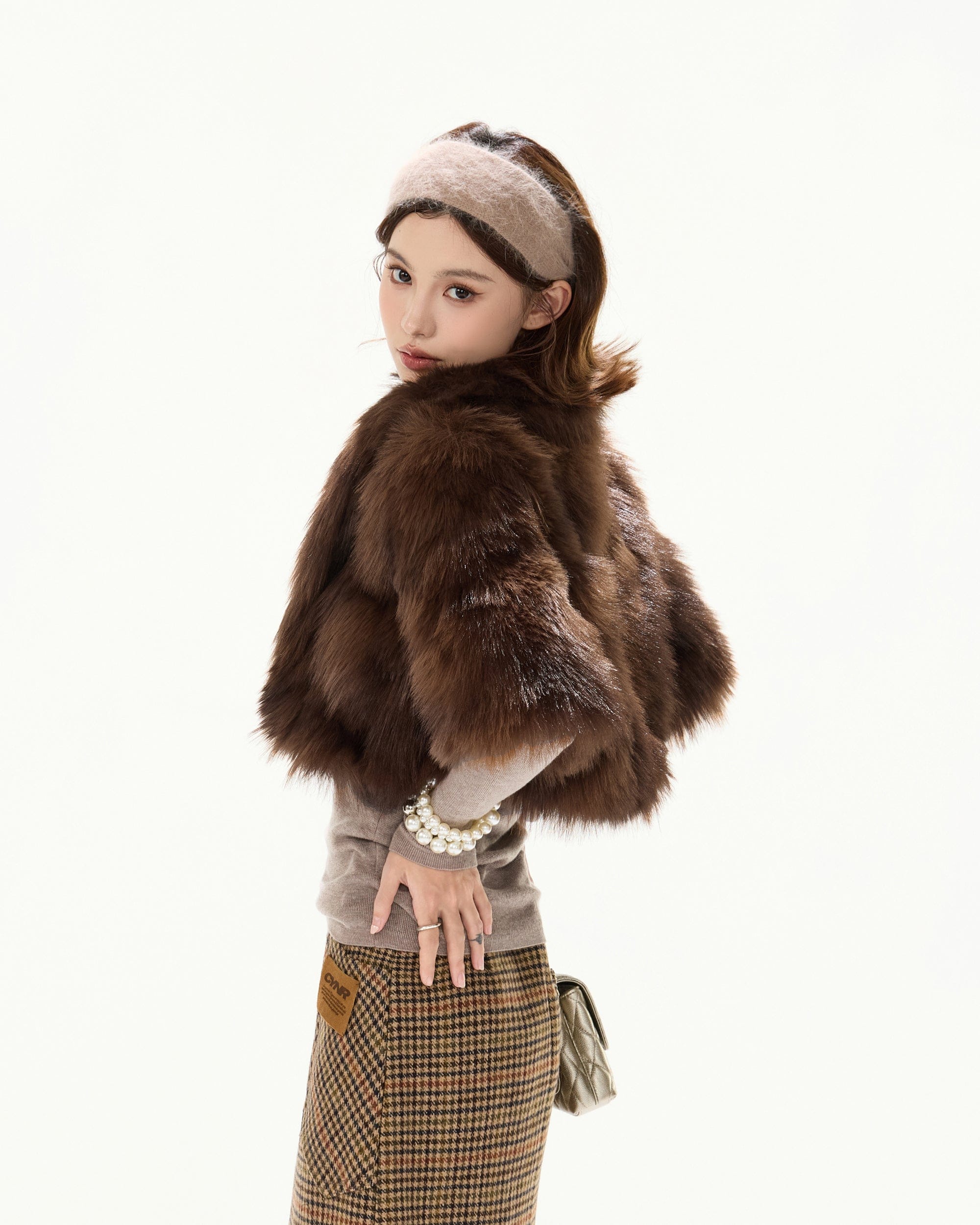 CYNR Faux Fur Half-Sleeve Cropped Jacket Brown