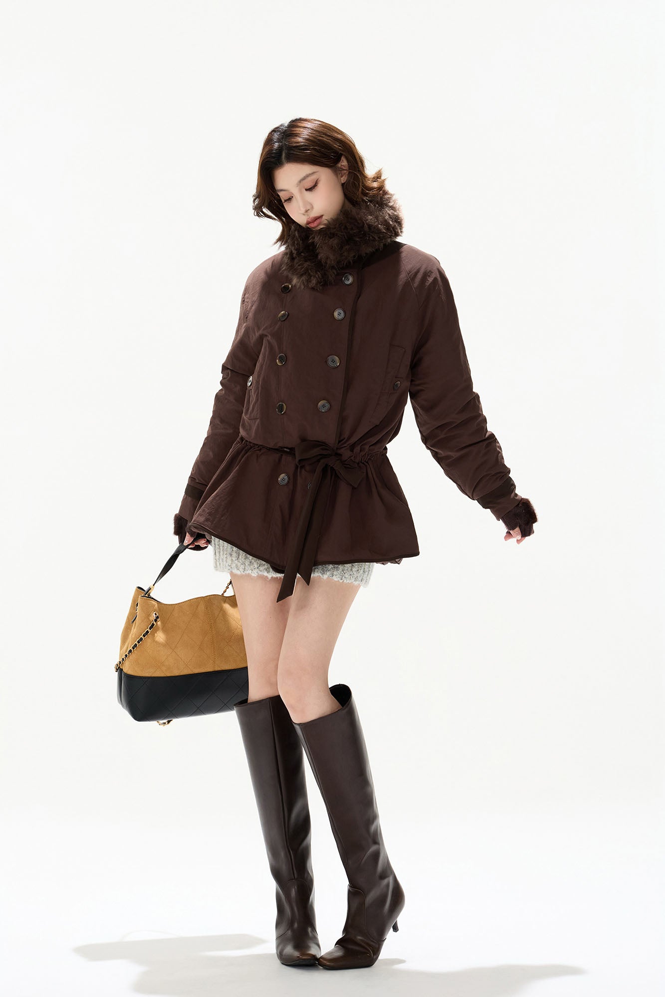 CYGNENOYR Detachable Faux-Fur Collar Belted Utility Puffer Jacket