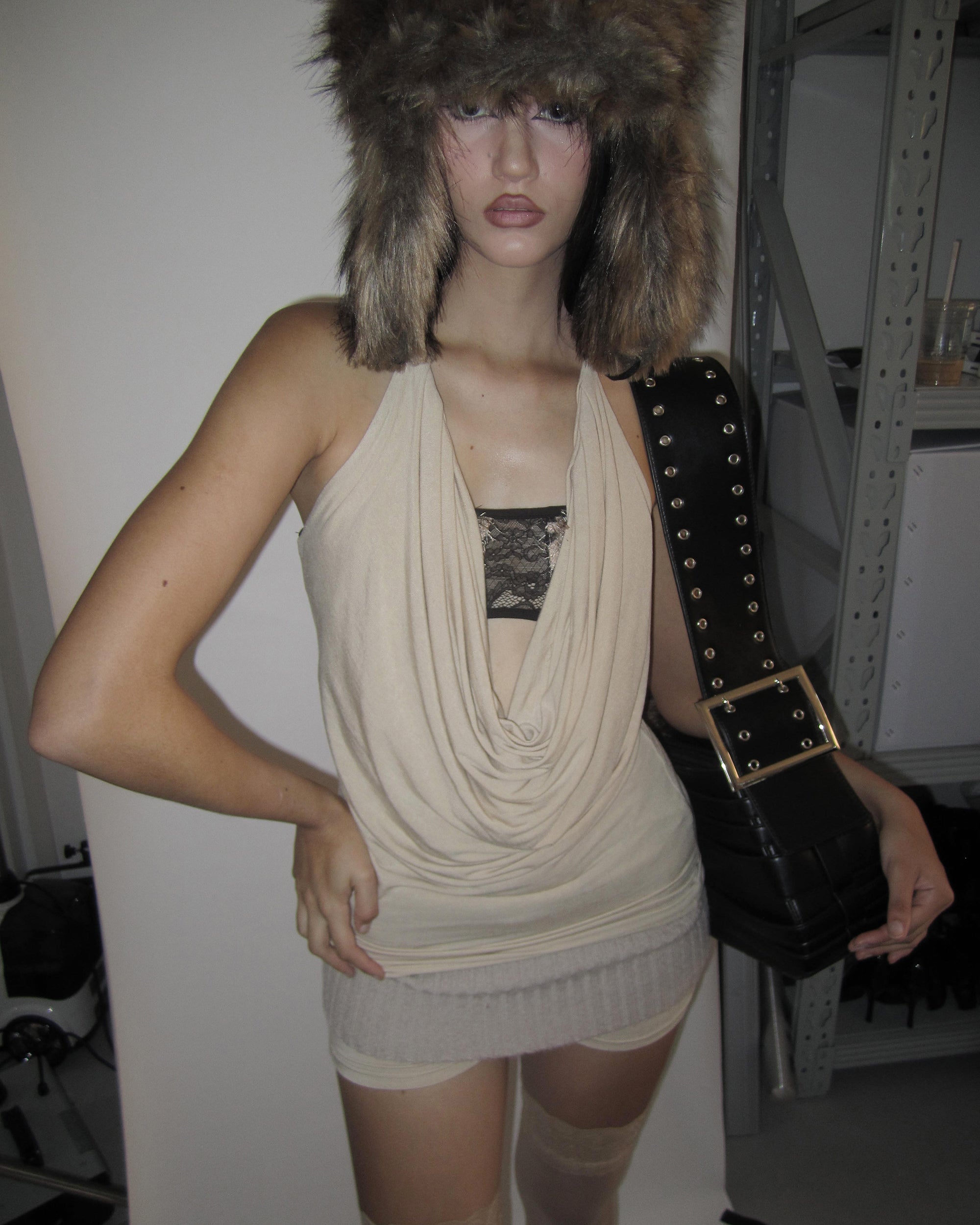 NEVER OFFEND L ANGEL Cowl-Neck Nude Knit Halter Top