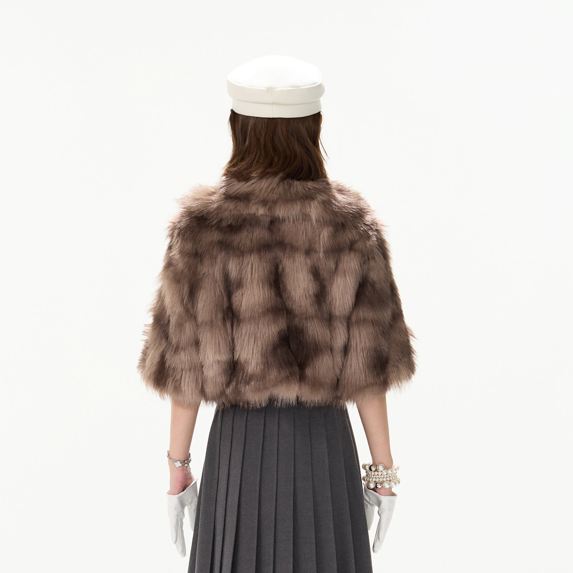 CYGNENOYR Faux Fur Half-Sleeve Cropped Jacket Khaki