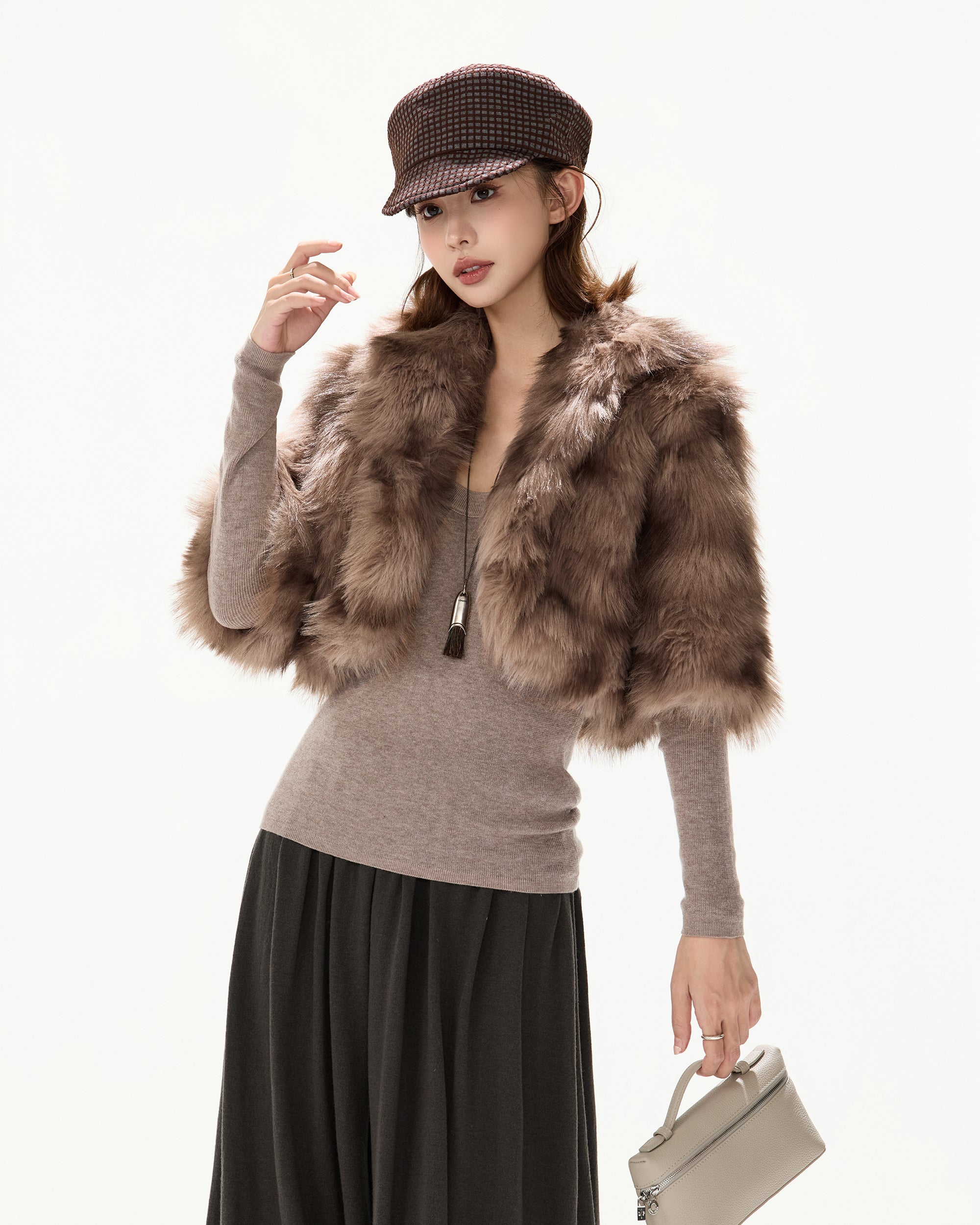 CYGNENOYR Faux Fur Half-Sleeve Cropped Jacket Khaki