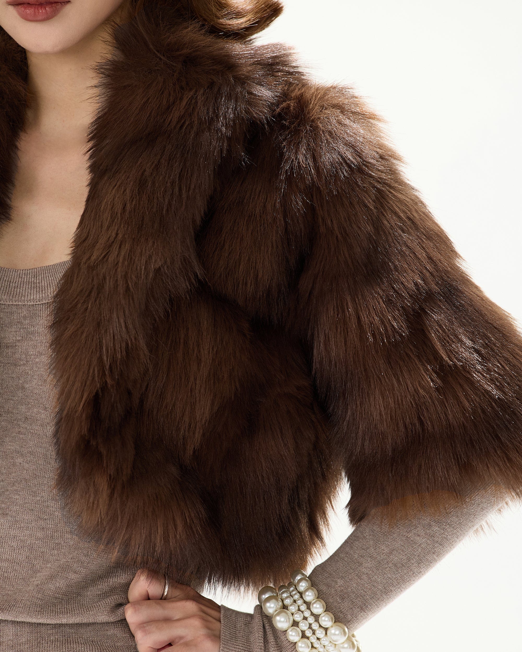 CYNR Faux Fur Half-Sleeve Cropped Jacket Brown