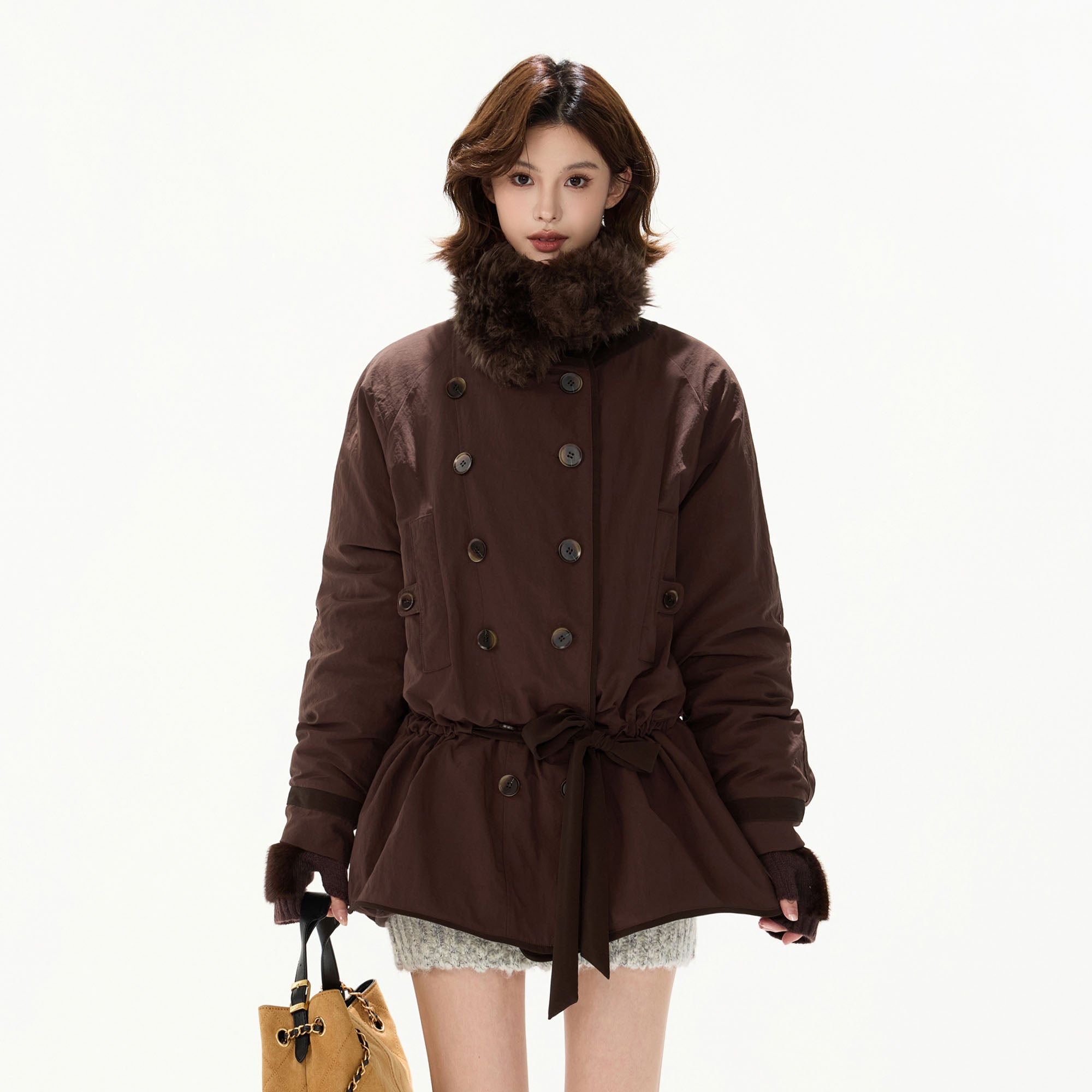 CYGNENOYR Detachable Faux-Fur Collar Belted Utility Puffer Jacket