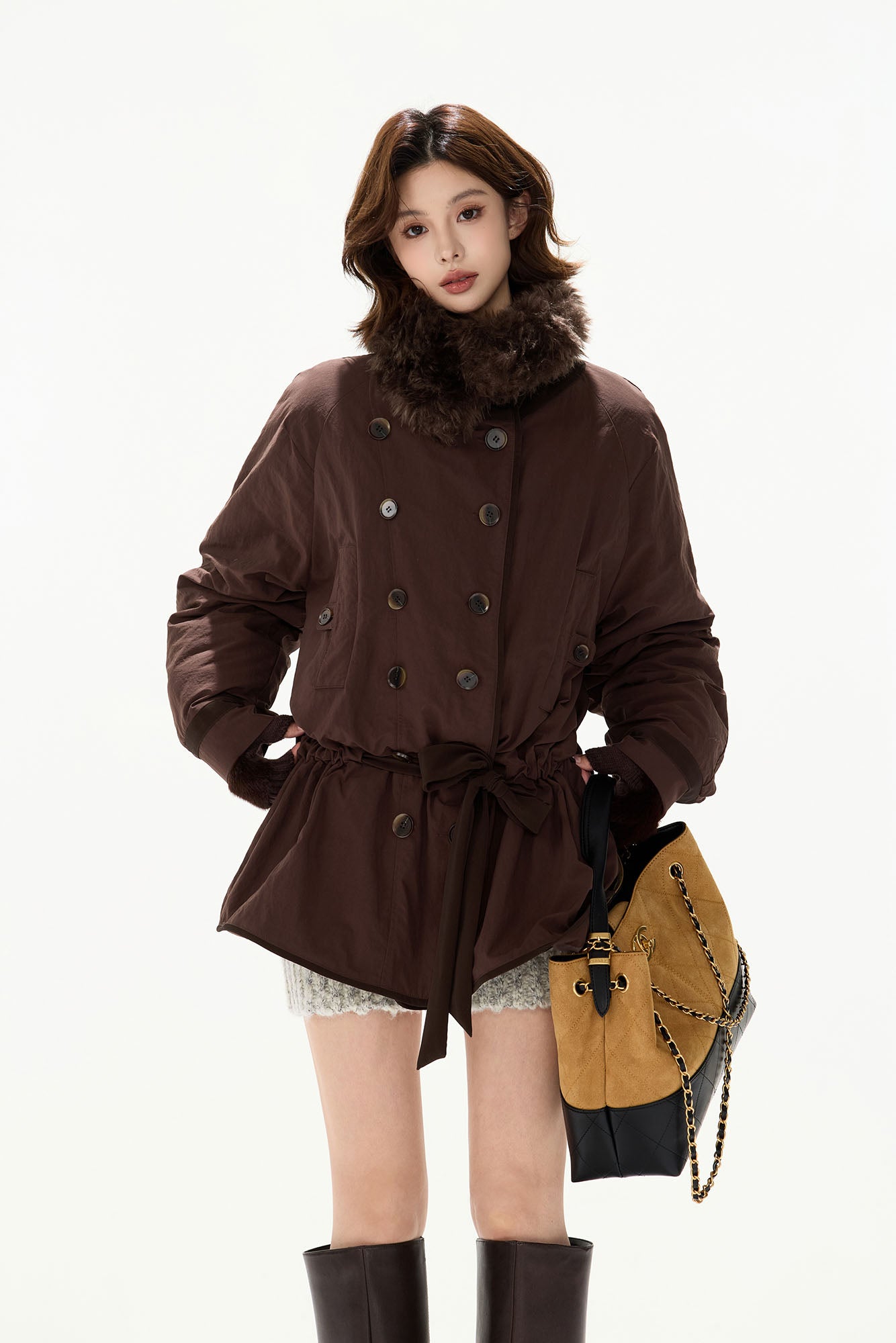 CYGNENOYR Detachable Faux-Fur Collar Belted Utility Puffer Jacket