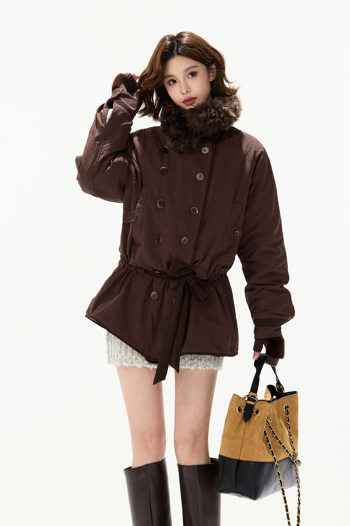 CYGNENOYR Detachable Faux-Fur Collar Belted Utility Puffer Jacket