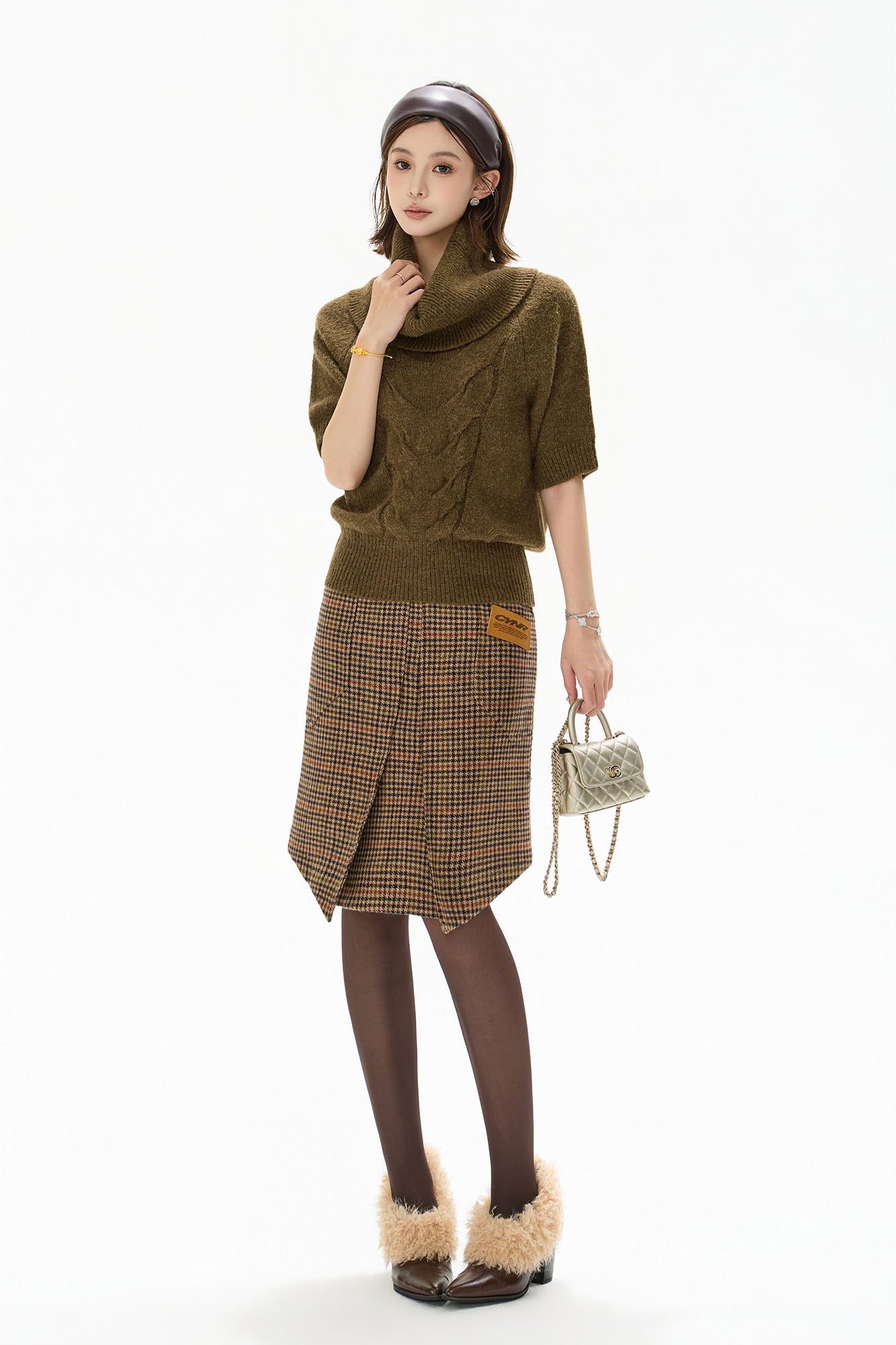 CYGNENOYR Houndstooth Pleated Asym Hem Wool-Blend Skirt