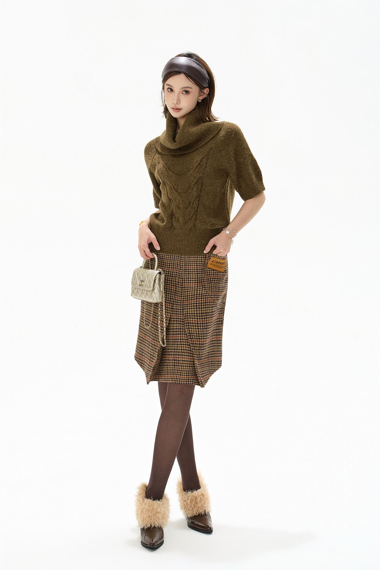 CYGNENOYR Houndstooth Pleated Asym Hem Wool-Blend Skirt
