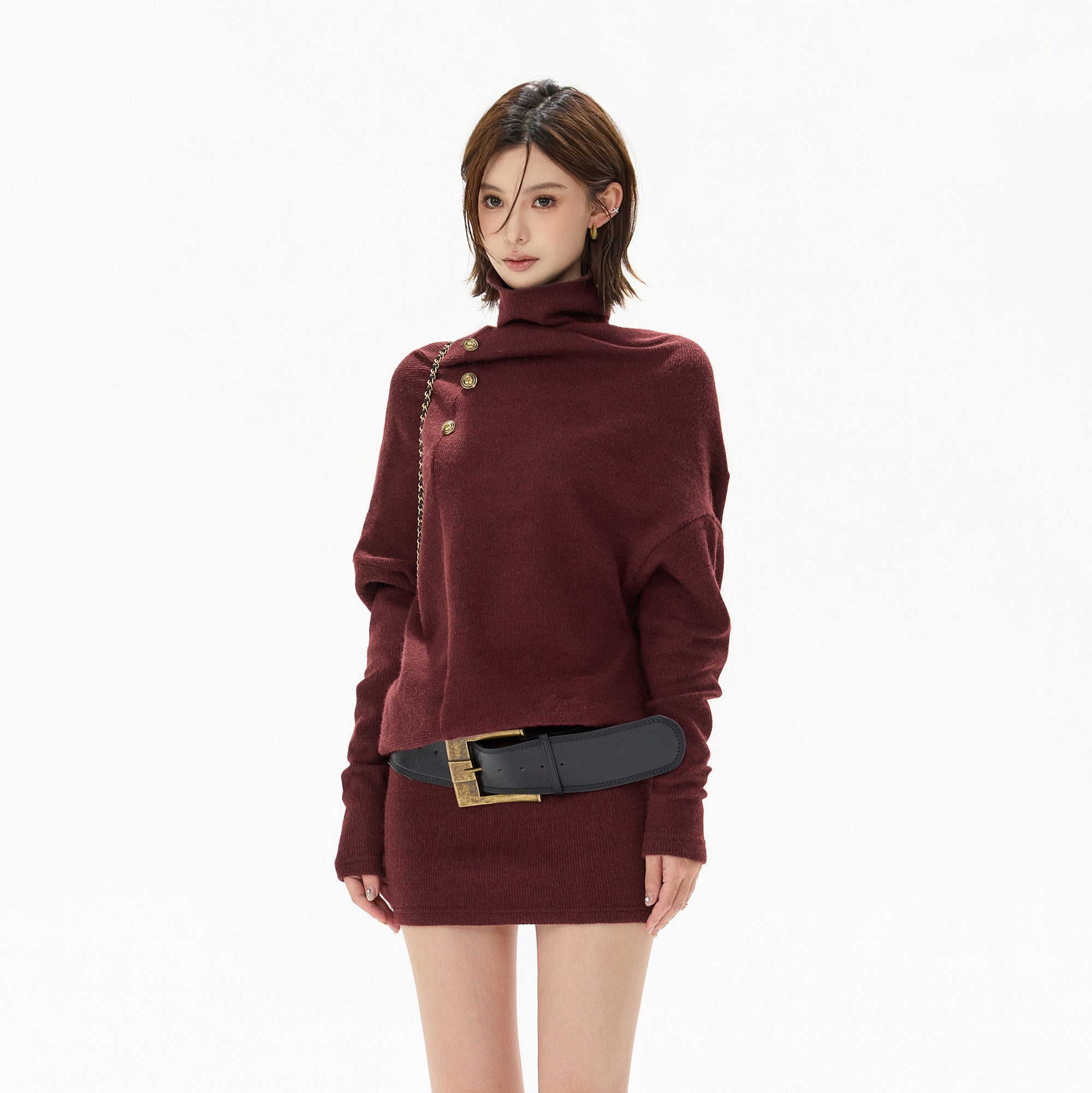 CYGNENOYR Slouch Neck Batwing Knit Dress Wine