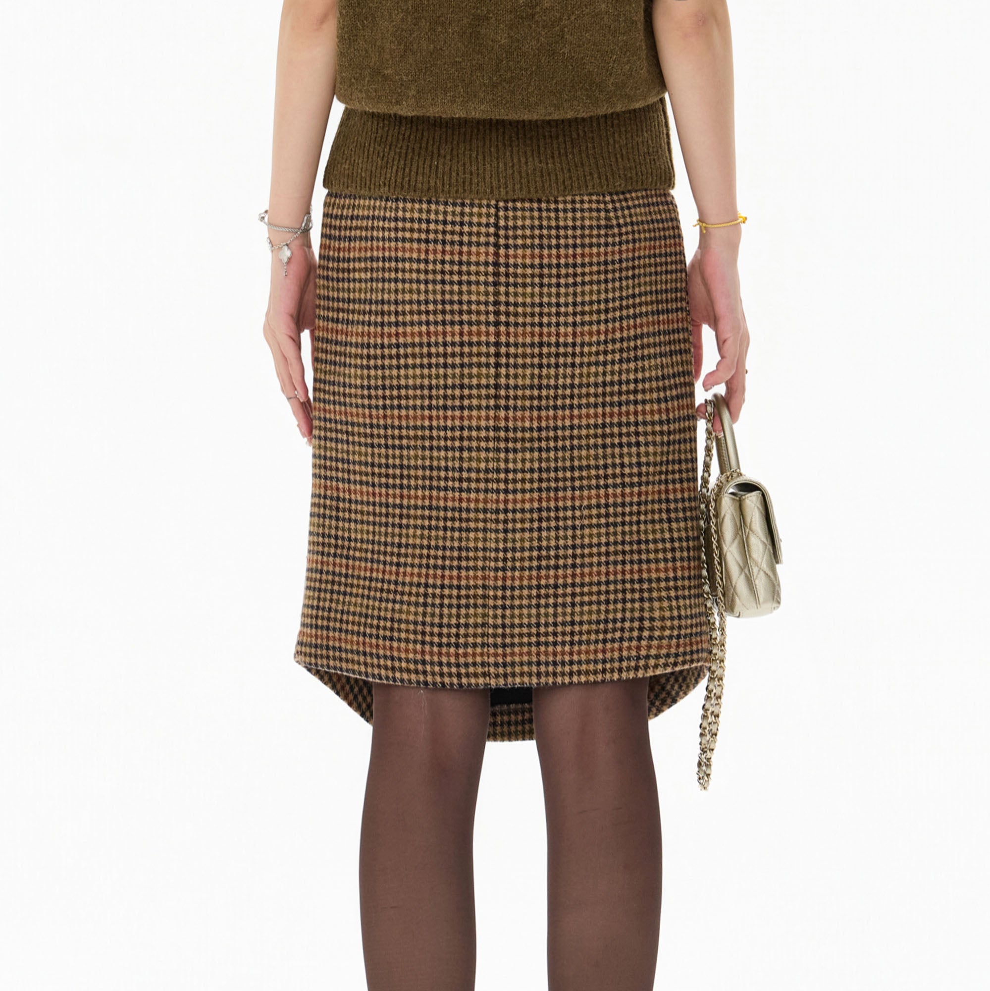 CYGNENOYR Houndstooth Pleated Asym Hem Wool-Blend Skirt