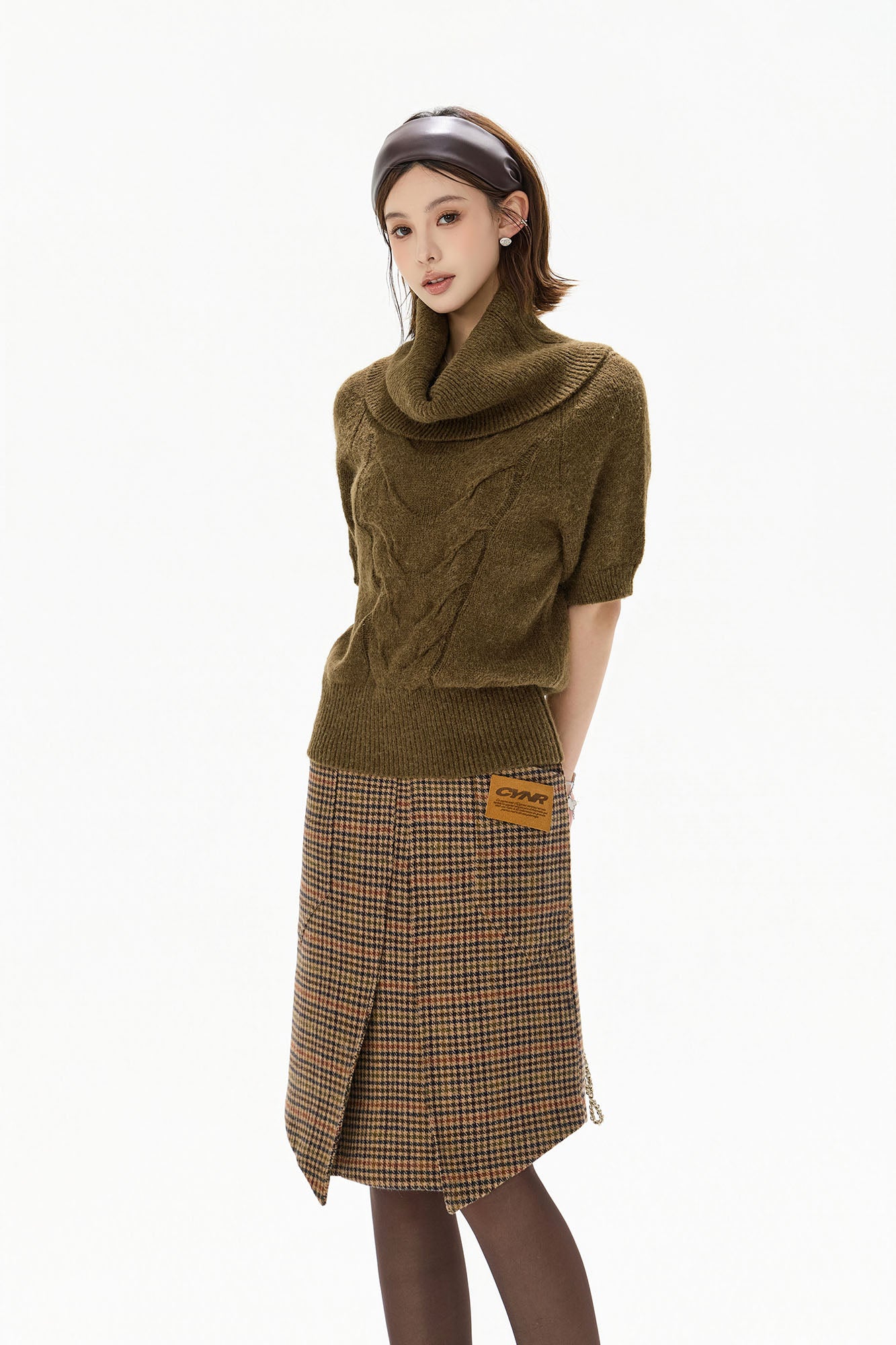 CYGNENOYR Houndstooth Pleated Asym Hem Wool-Blend Skirt
