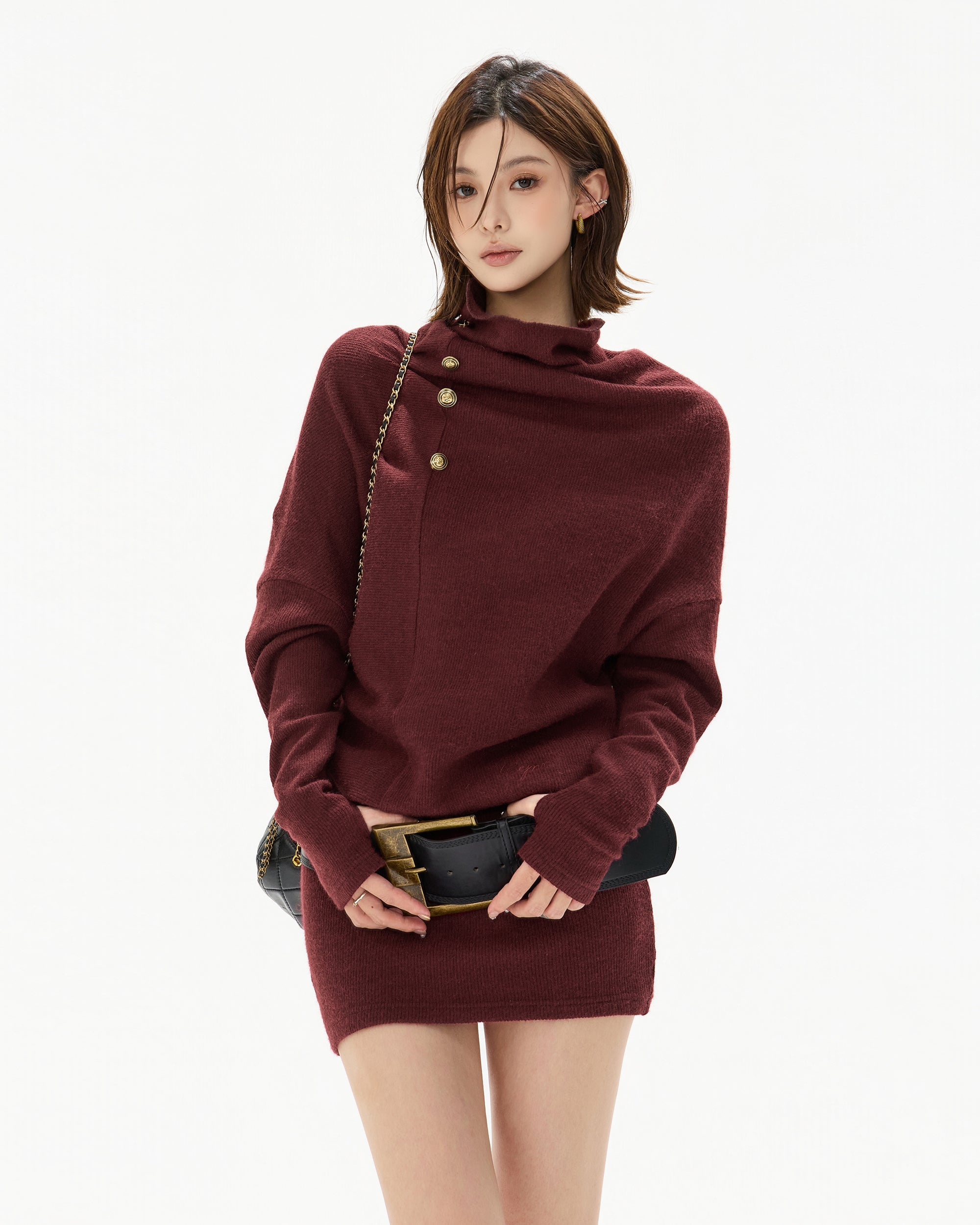 CYGNENOYR Slouch Neck Batwing Knit Dress Wine