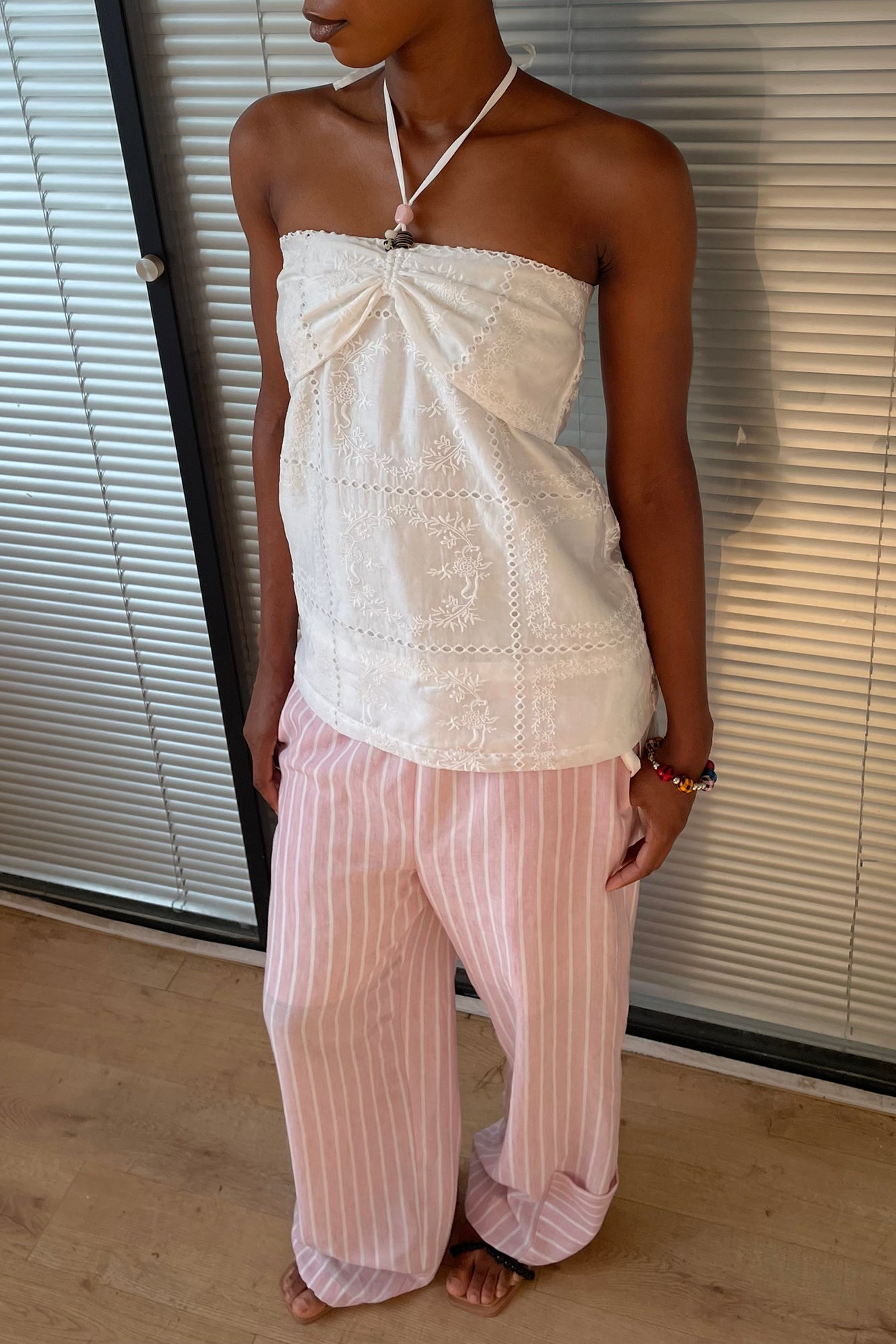JIUWU PARK Embroidered Bow Halter Top