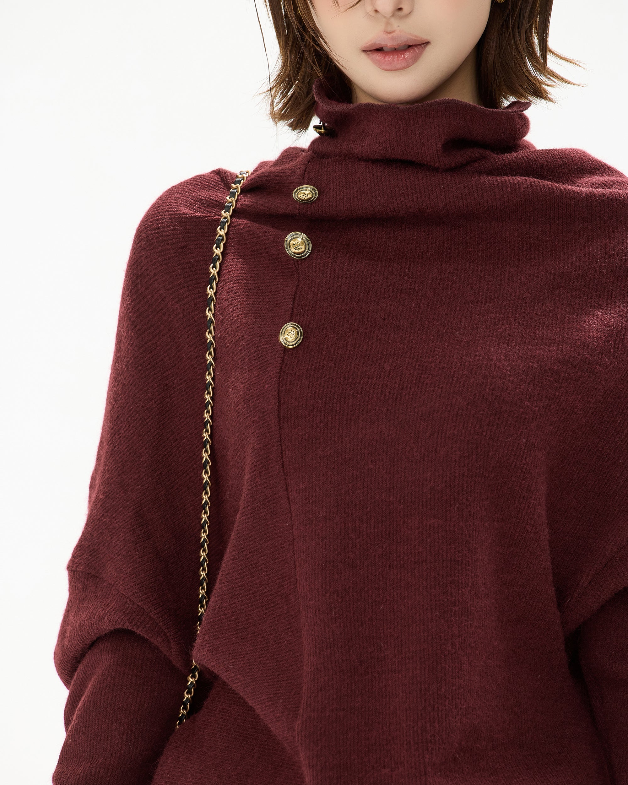 CYGNENOYR Slouch Neck Batwing Knit Dress Wine