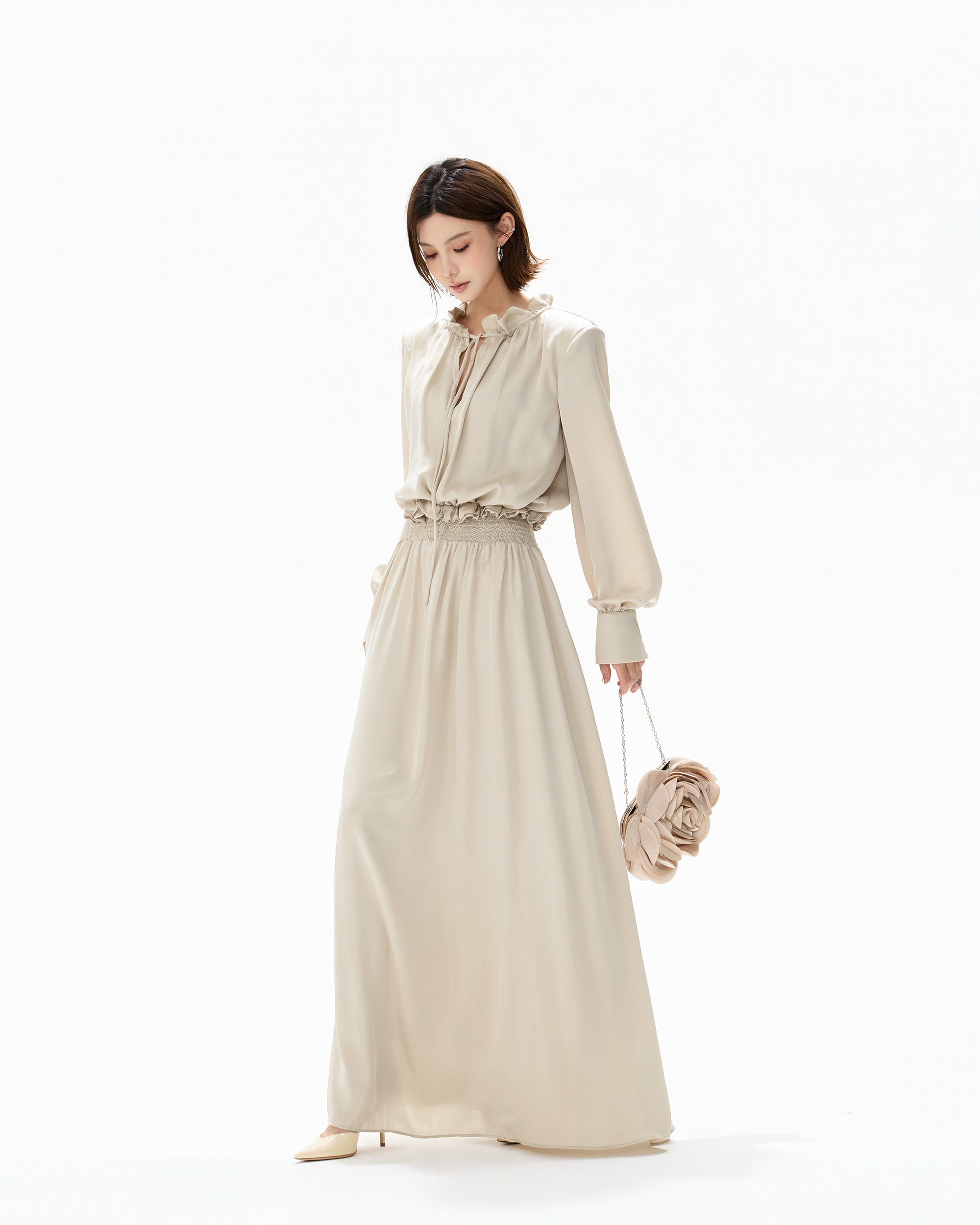 CYGNENOYR Ruffle Collar Ruched Satin Maxi Dress