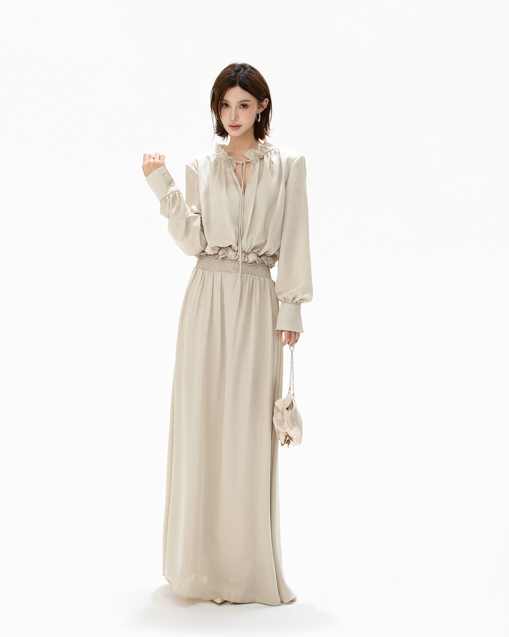 CYGNENOYR Ruffle Collar Ruched Satin Maxi Dress