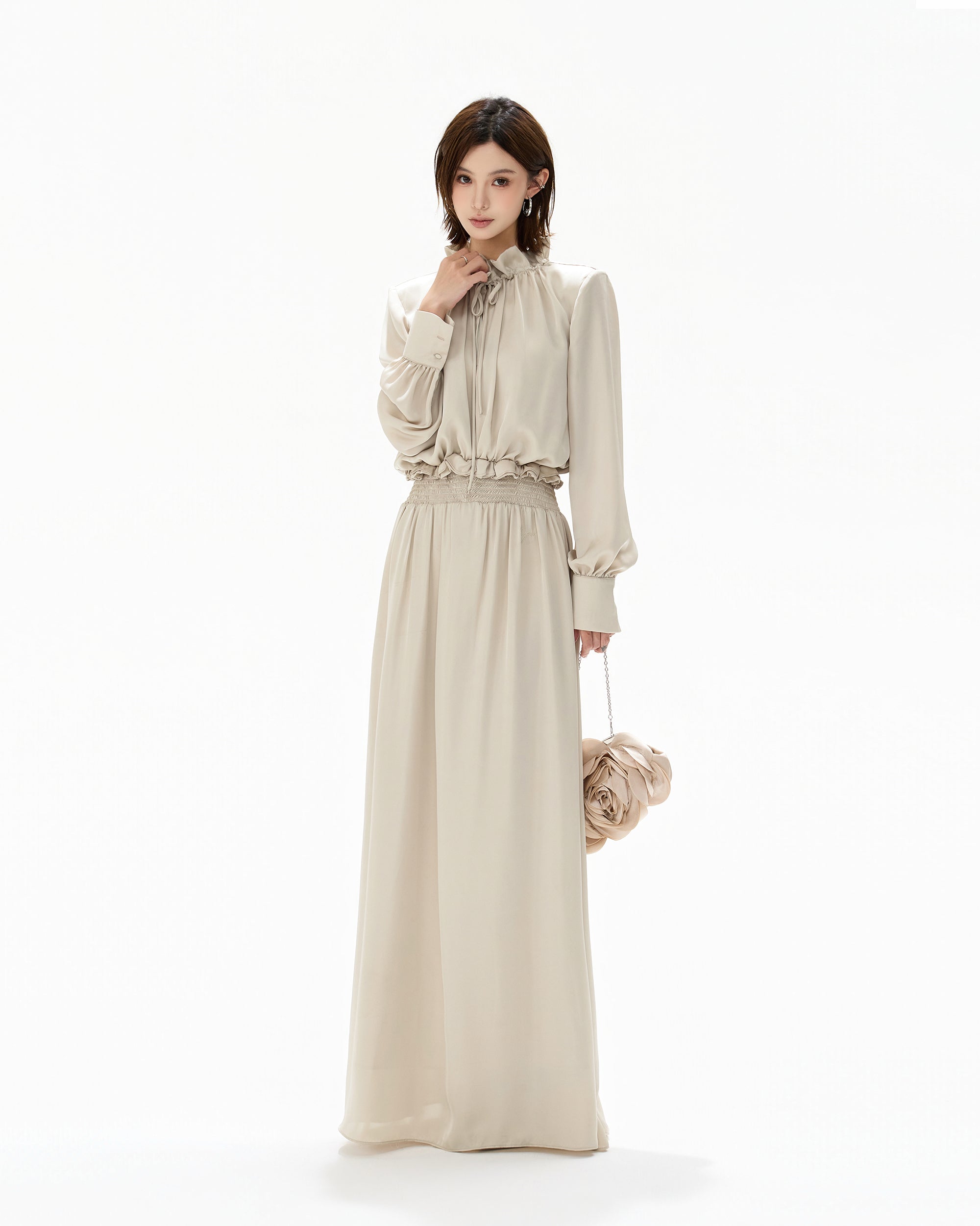 CYGNENOYR Ruffle Collar Ruched Satin Maxi Dress