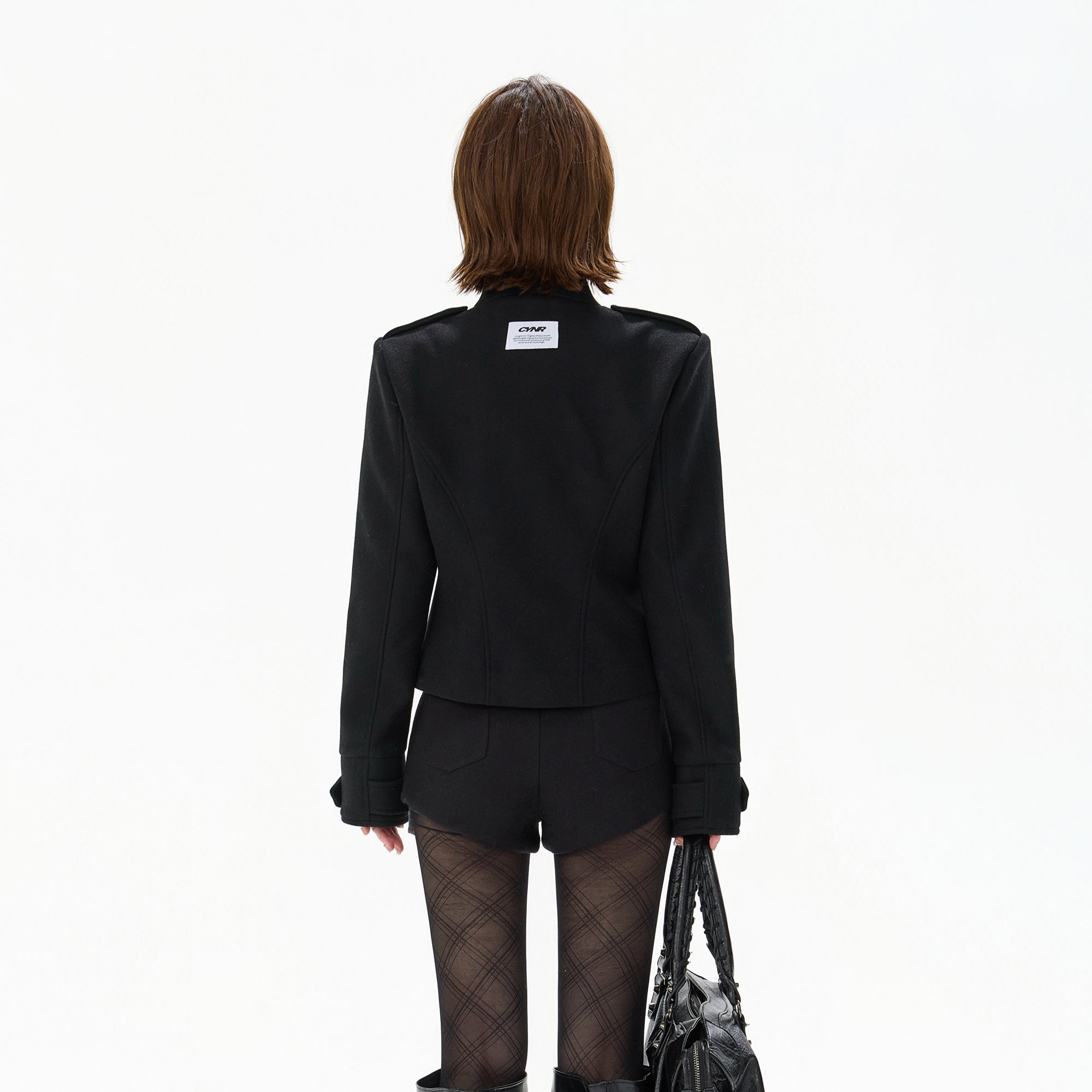 CYGNENOYR Double-Breasted Stand-Collar Wool-Blend Jacket Black