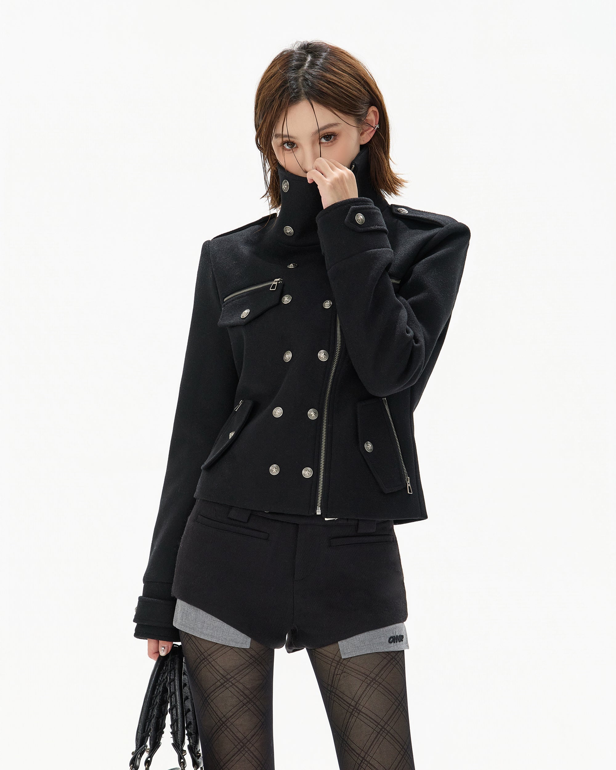 CYGNENOYR Double-Breasted Stand-Collar Wool-Blend Jacket Black