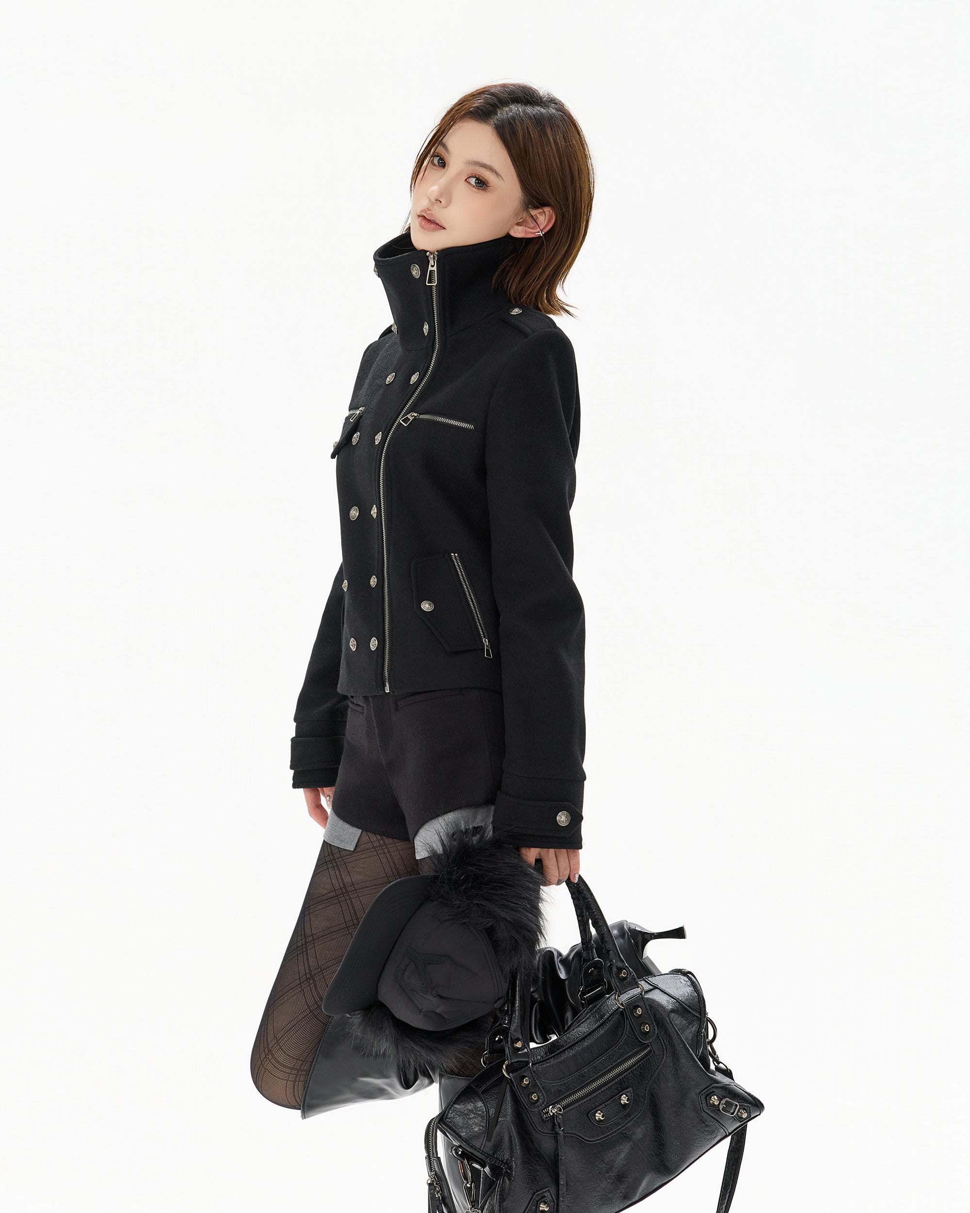 CYGNENOYR Double-Breasted Stand-Collar Wool-Blend Jacket Black