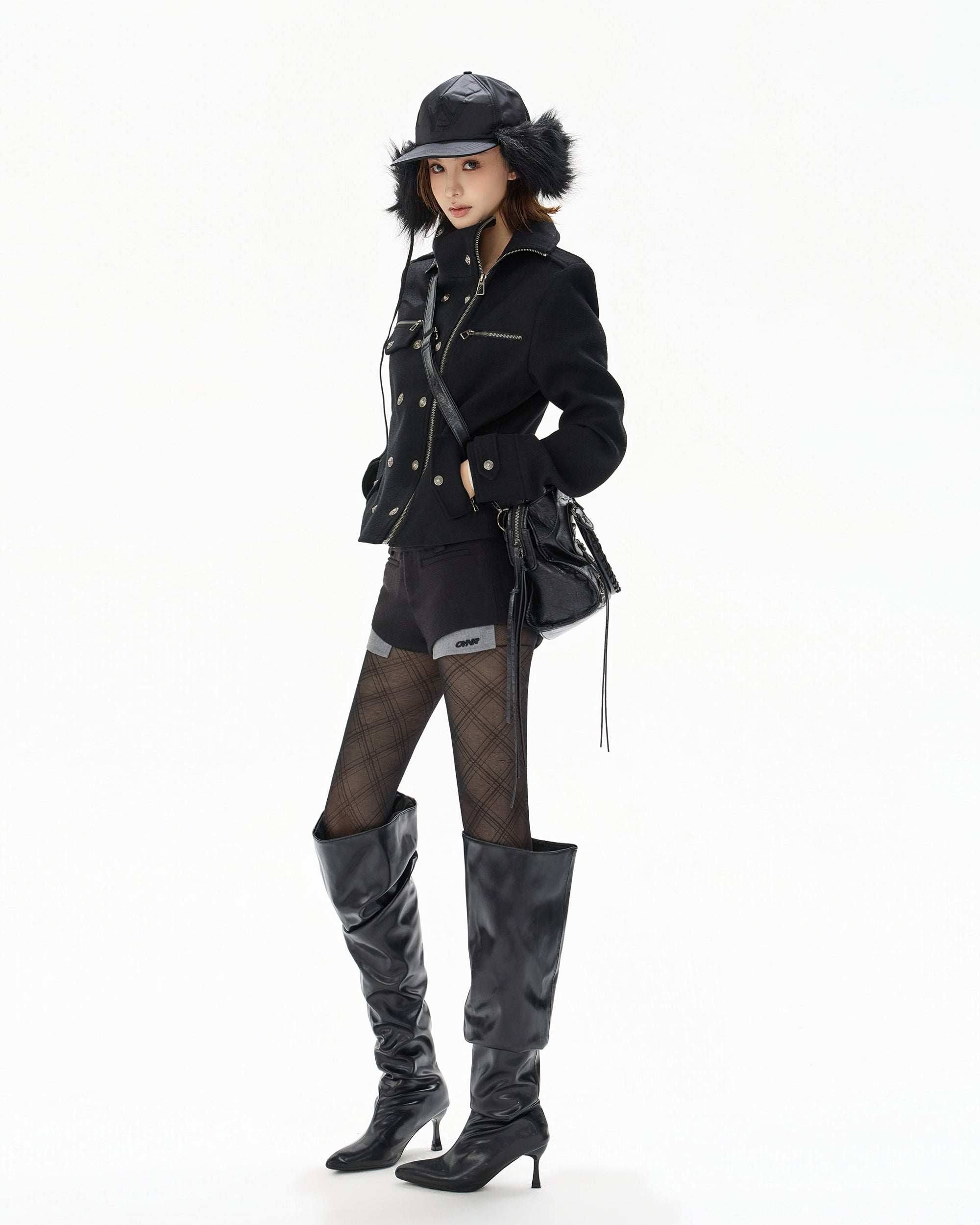 CYGNENOYR Double-Breasted Stand-Collar Wool-Blend Jacket Black