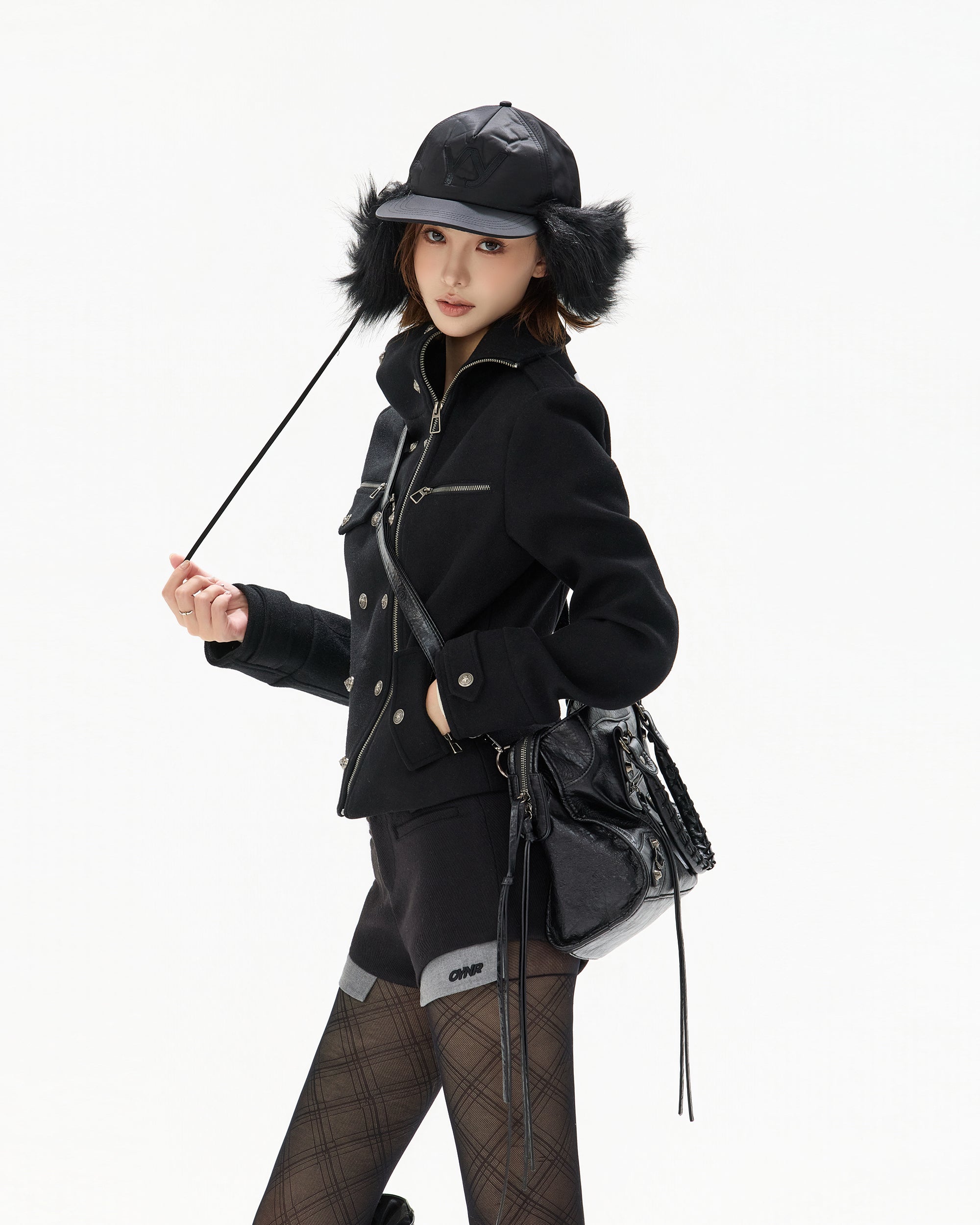 CYGNENOYR Double-Breasted Stand-Collar Wool-Blend Jacket Black