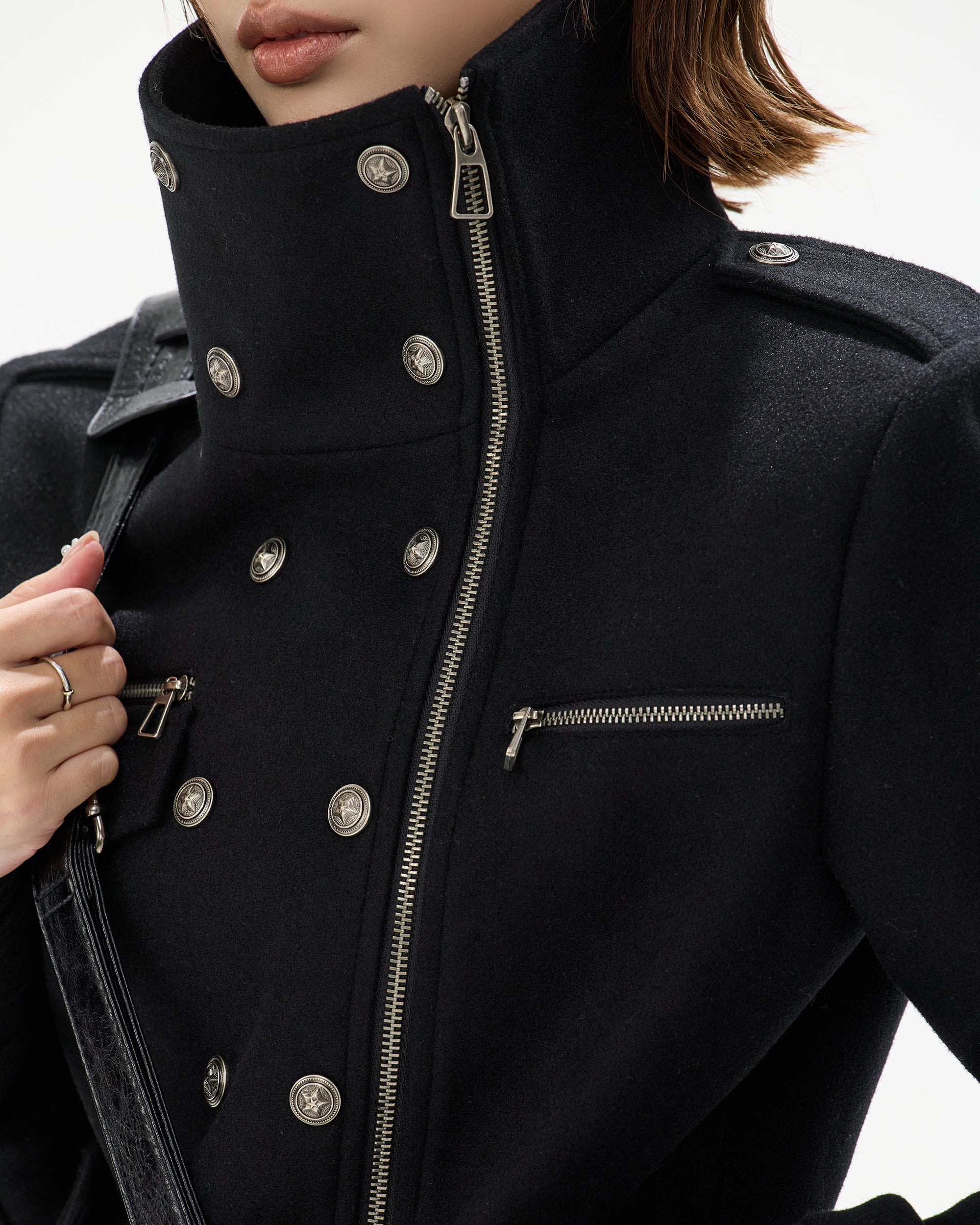 CYGNENOYR Double-Breasted Stand-Collar Wool-Blend Jacket Black