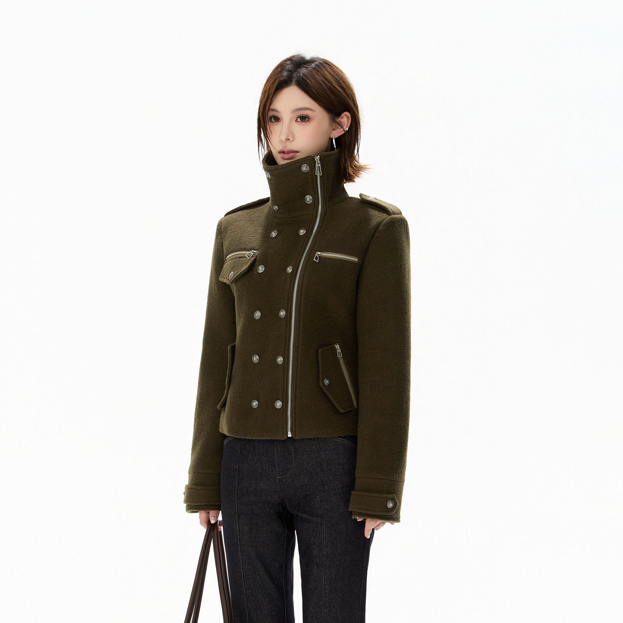 CYGNENOYR Double-Breasted Stand-Collar Wool-Blend Jacket Green