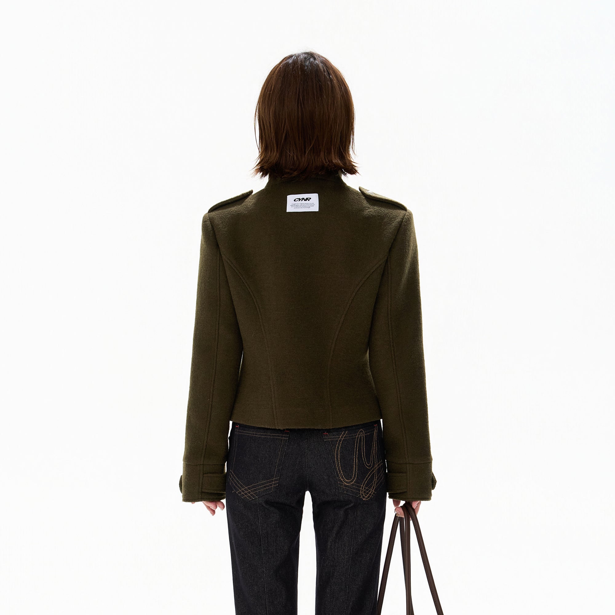 CYGNENOYR Double-Breasted Stand-Collar Wool-Blend Jacket Green