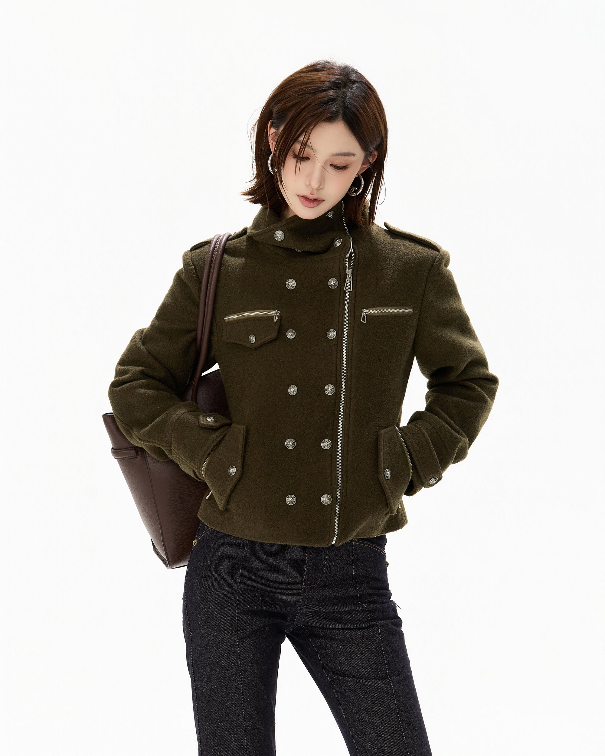 CYGNENOYR Double-Breasted Stand-Collar Wool-Blend Jacket Green