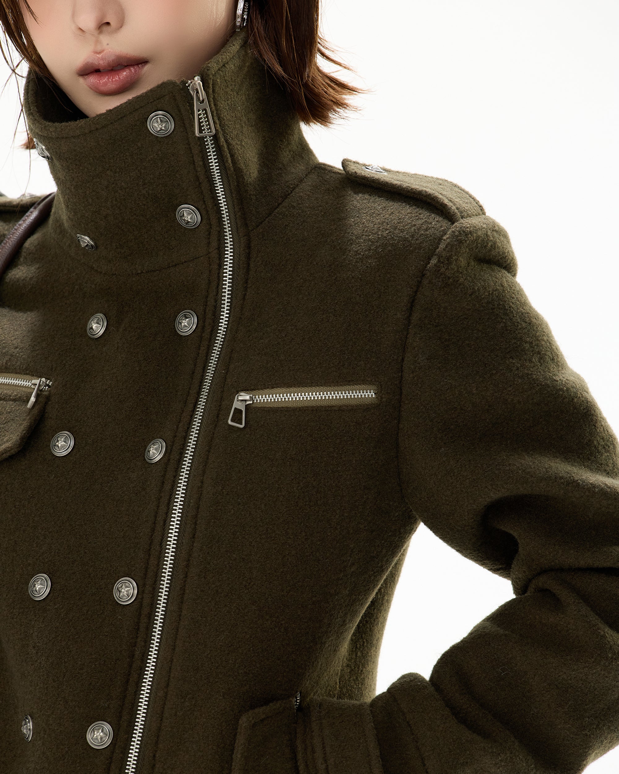 CYGNENOYR Double-Breasted Stand-Collar Wool-Blend Jacket Green