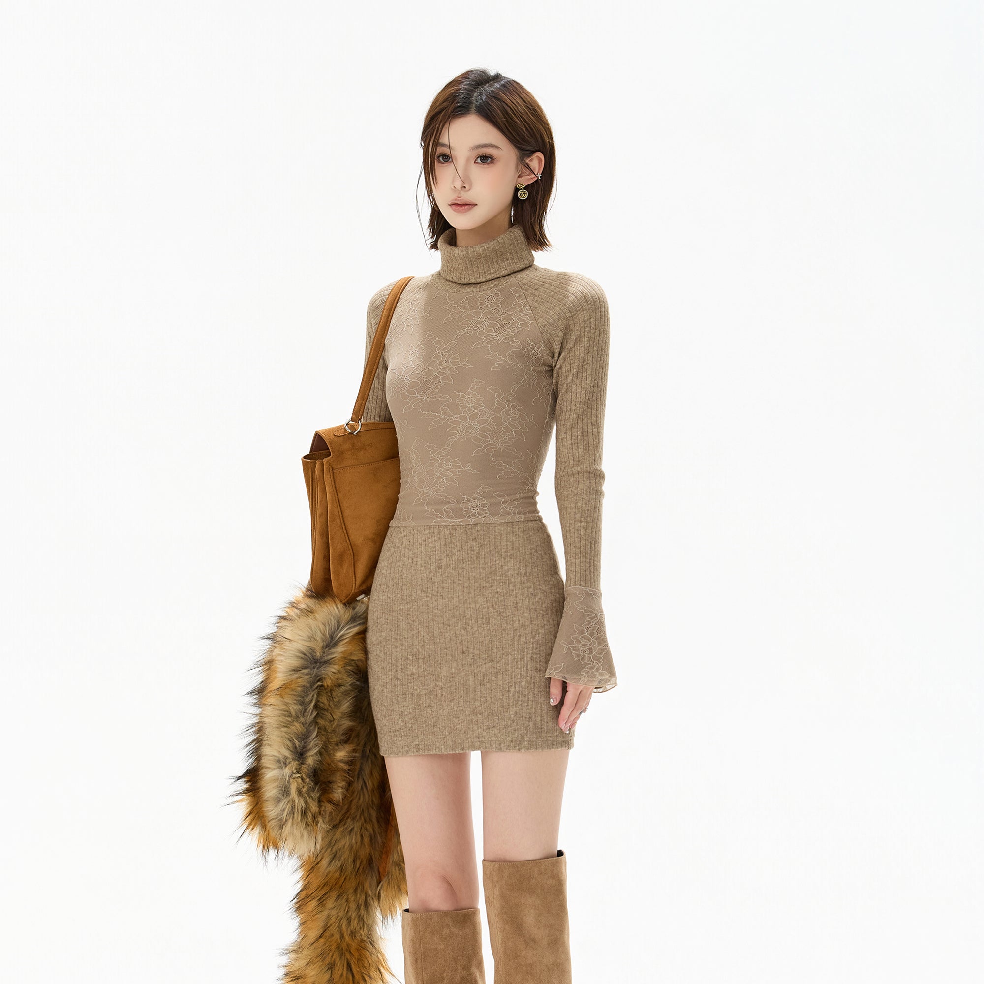 CYGNENOYR Ribbed Lace Insets Knit Mini Dress