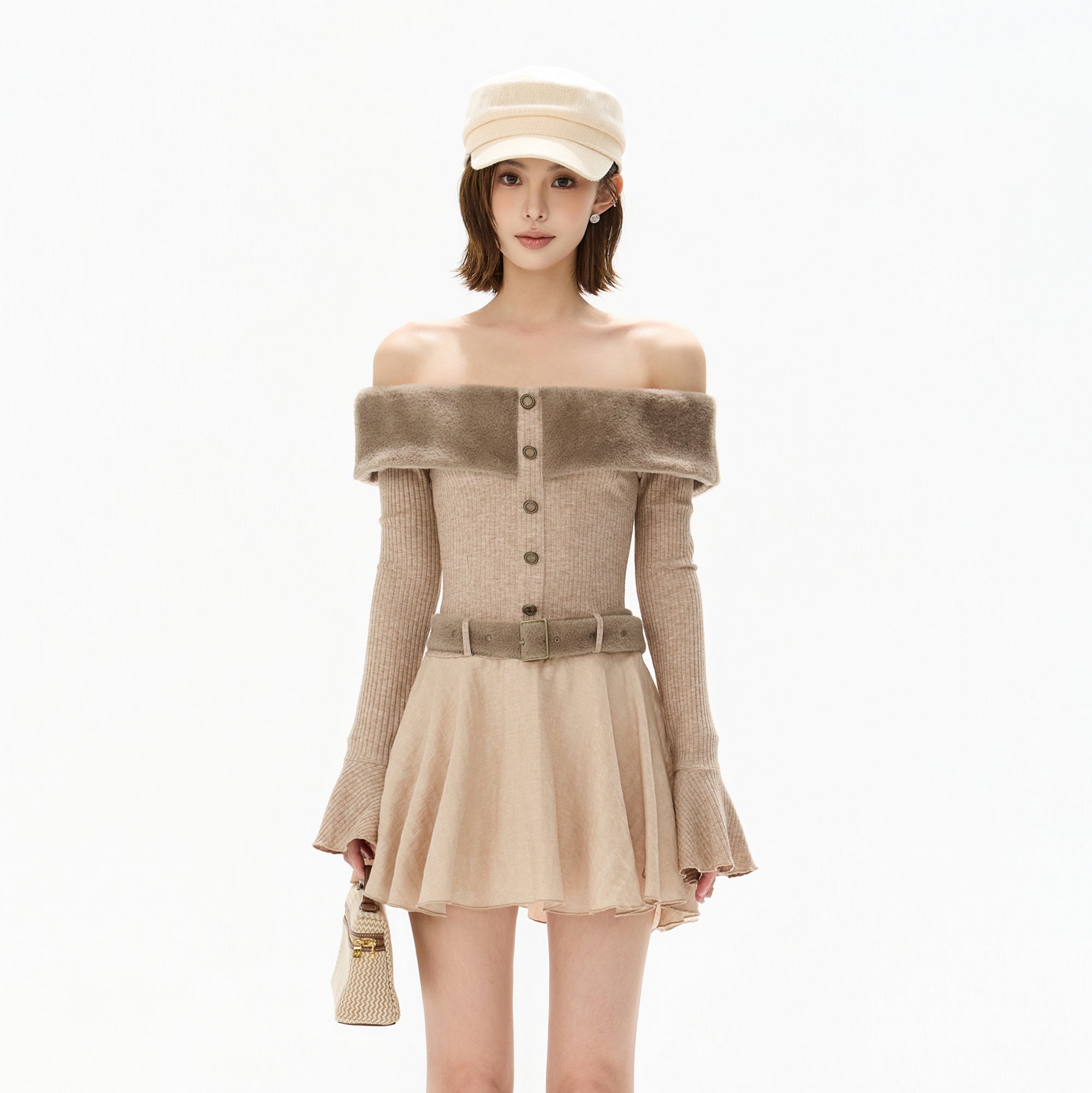 CYGNENOYR Ribbed Faux Fur Trim Knit Mini Dress