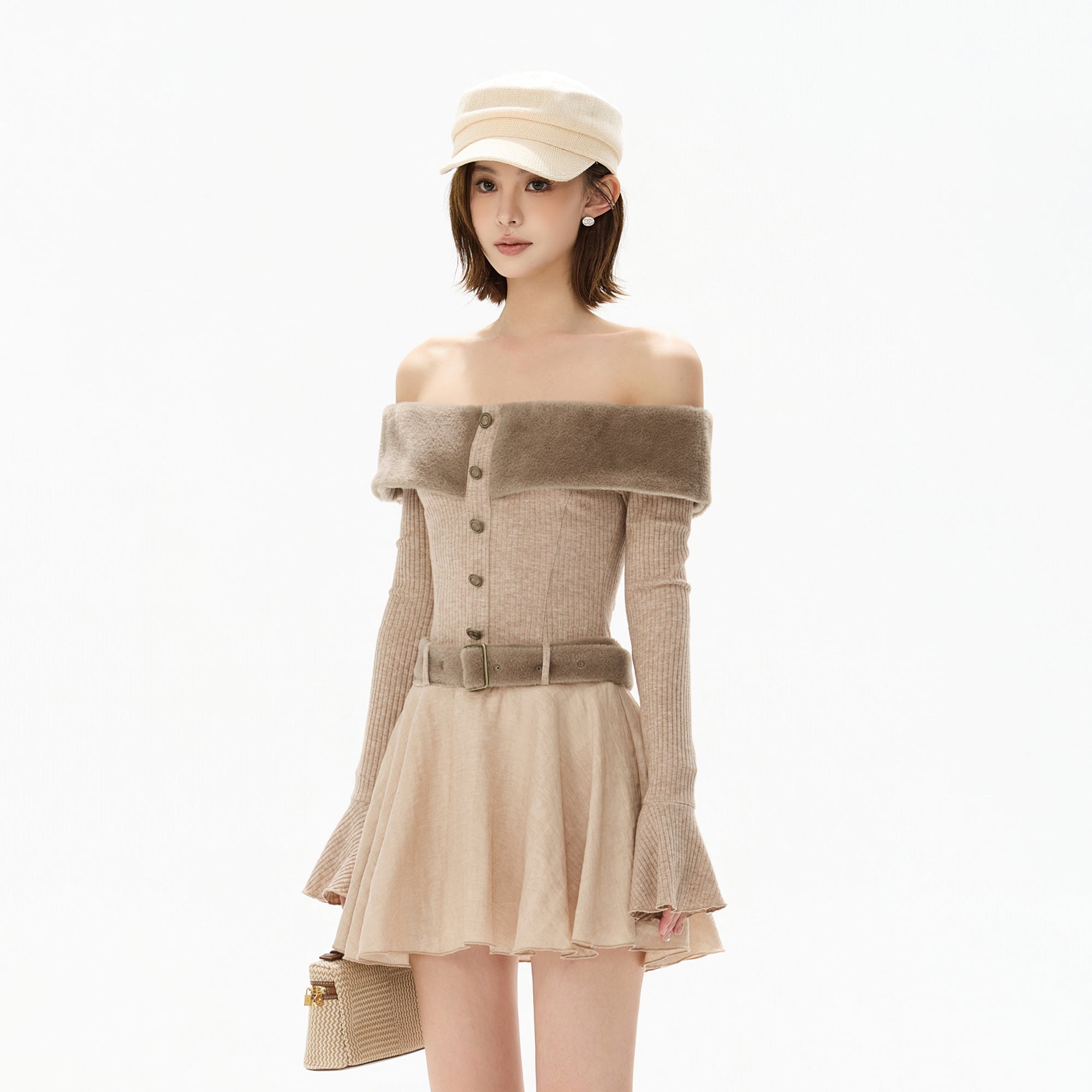 CYGNENOYR Ribbed Faux Fur Trim Knit Mini Dress