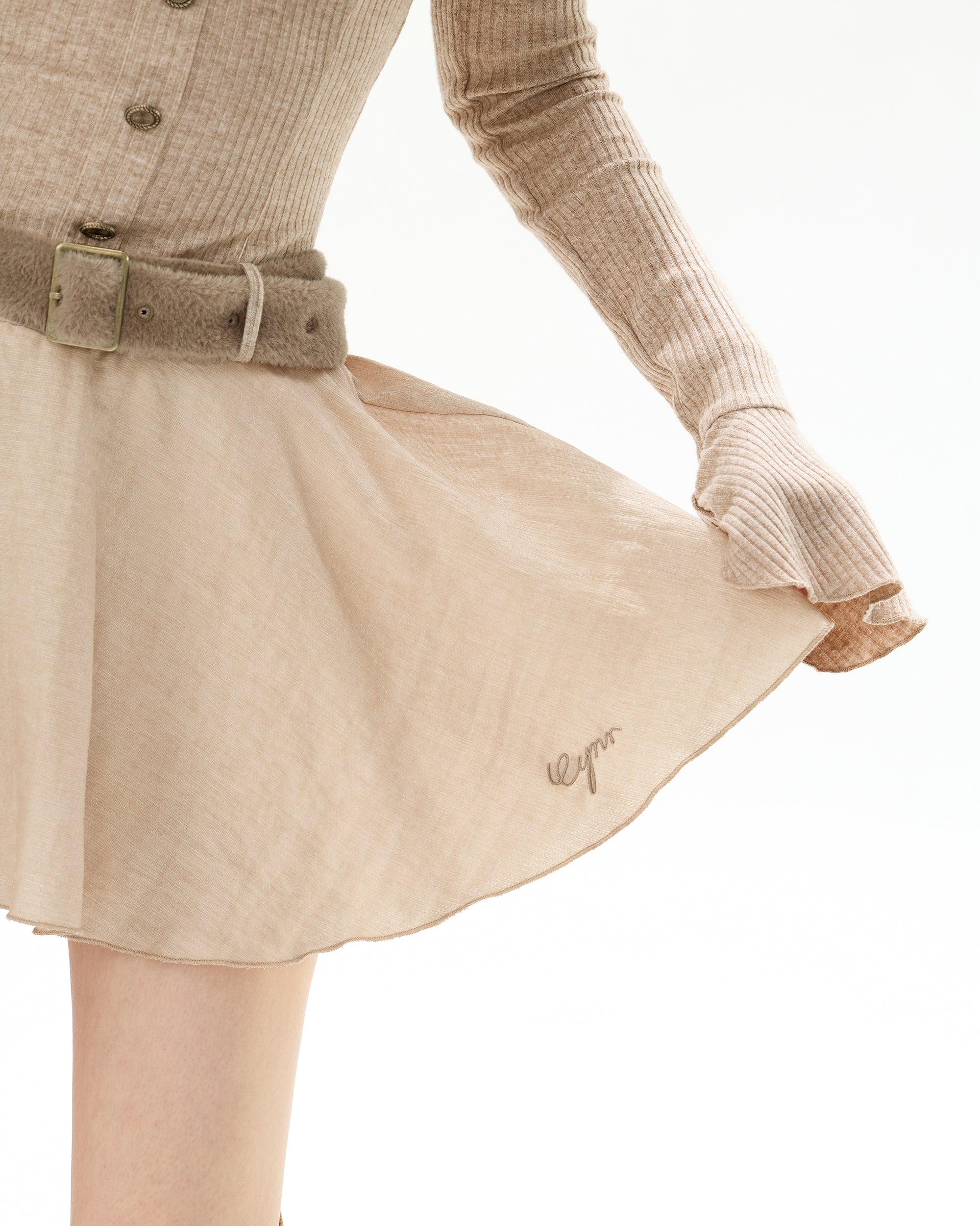 CYGNENOYR Ribbed Faux Fur Trim Knit Mini Dress